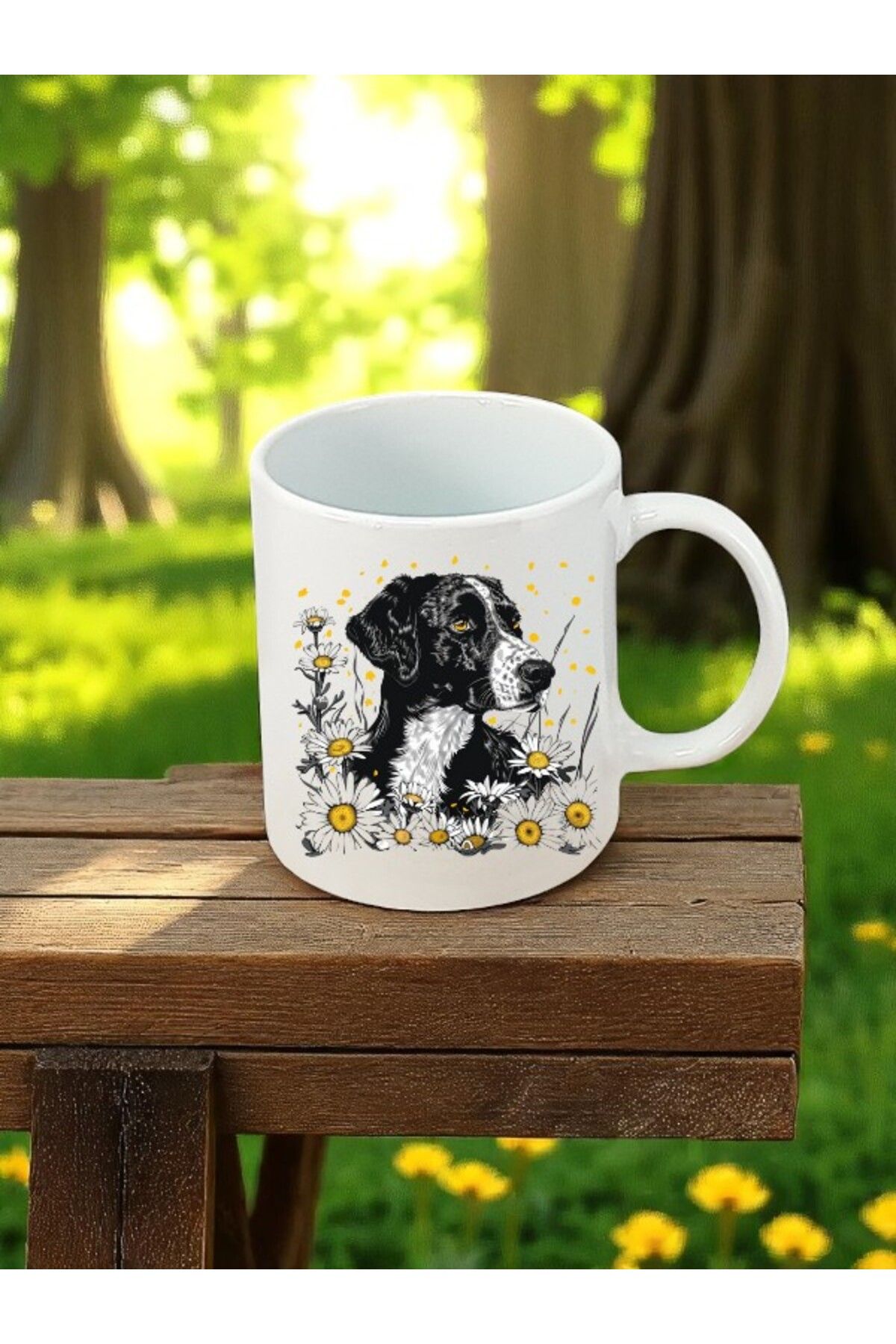 lili hediyelik Papatyalar İçinde Köpek Baskılı Beyaz Kupa Bardak