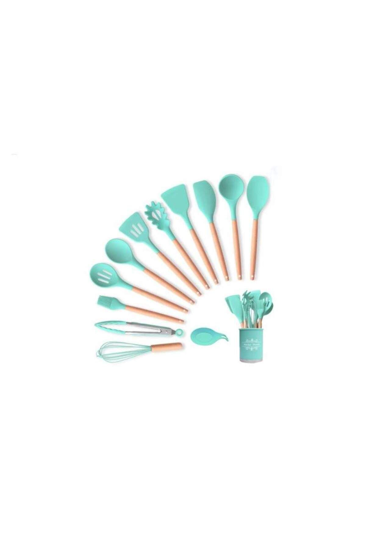 SIKS-® kitchen cooking utensils, 13 pieces, non-stick, silicone with wooden handle 2