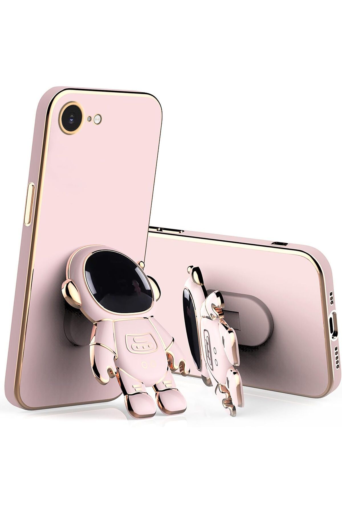 Rivor Apple iPhone 16e Kılıf Parlak Kenarlı Altın İşleme Astronot Figürlü Standlı Kamera Korumalı Kapak