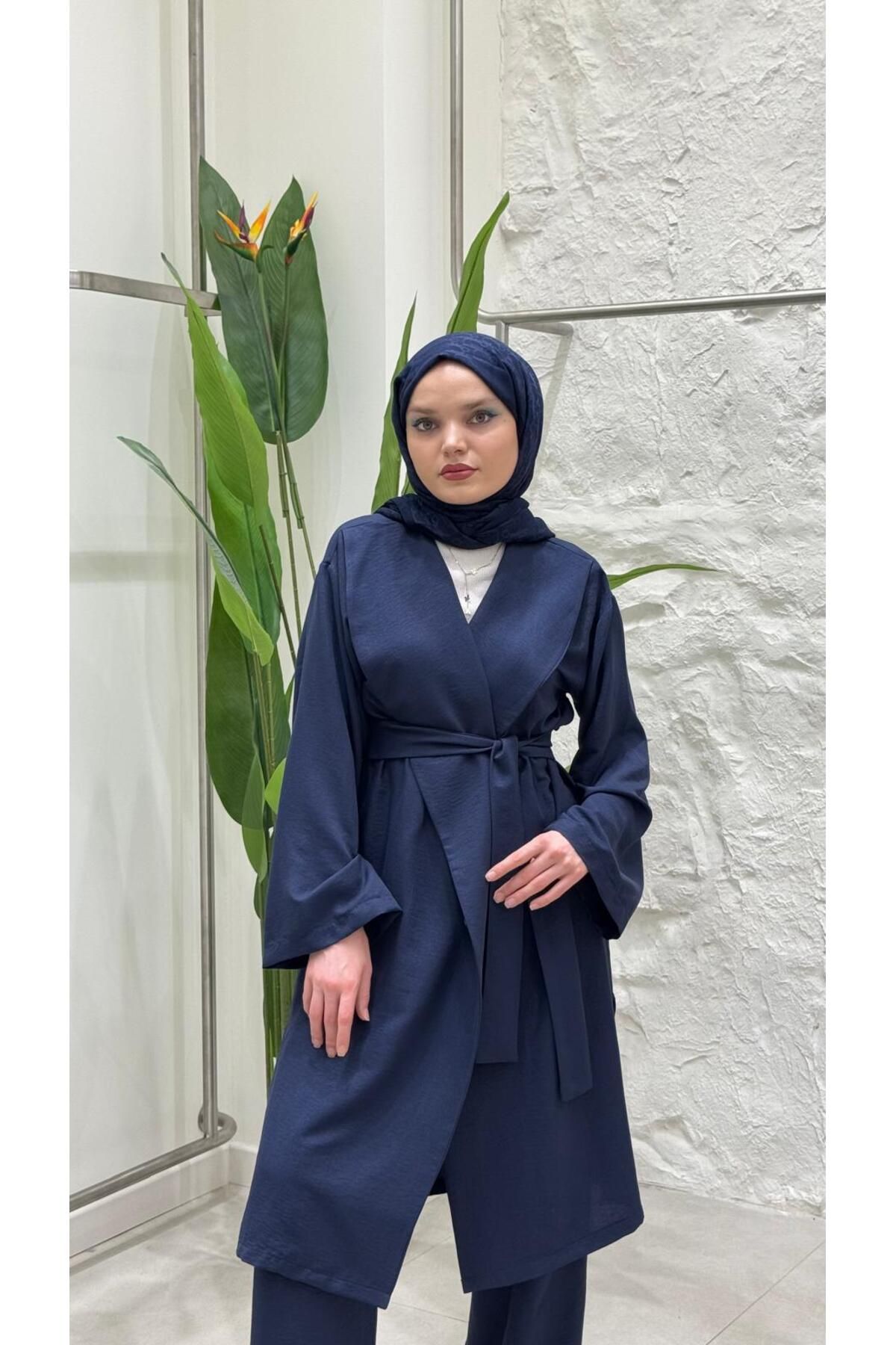 Vent Kadın Tesettür Kimono Pantolon Takım – Ceket Yaka Kuşaklı Yazlık Takım | Pamuklu Keten Kumaş