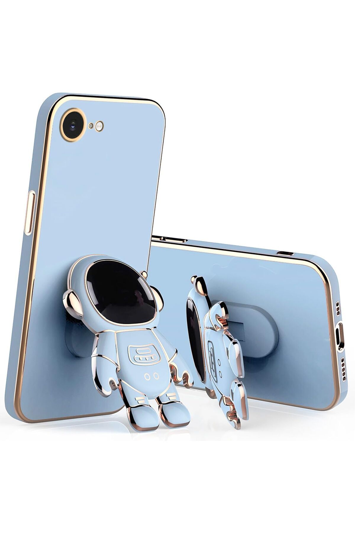 Rivor Apple iPhone 16e Kılıf Parlak Kenarlı Altın İşleme Astronot Figürlü Standlı Kamera Korumalı Kapak