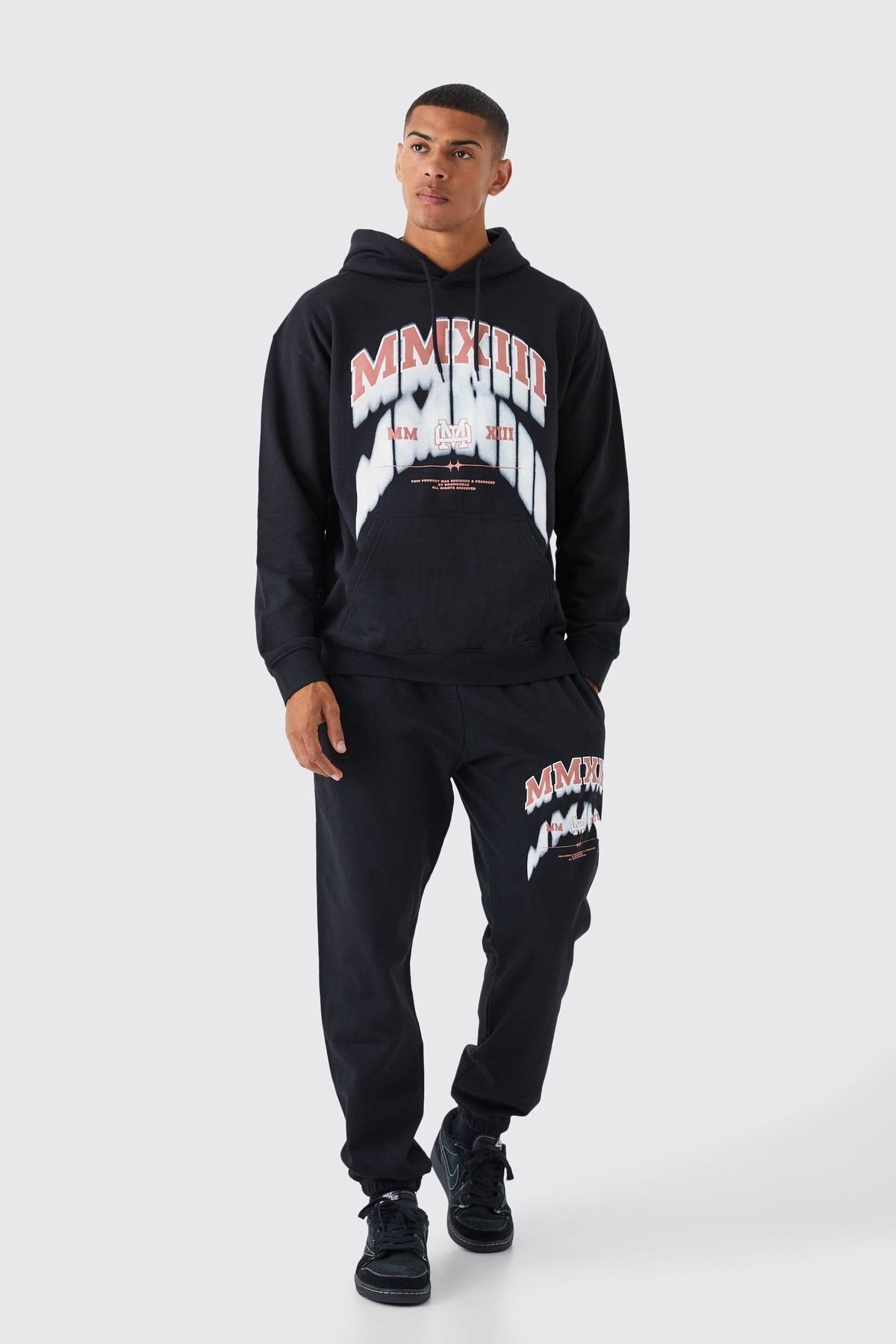 Boi MMXIII Eşofman Takımı - Siyah Baskılı Takım Jogger Sweatshirt Lastik Paça Kapüşonlu