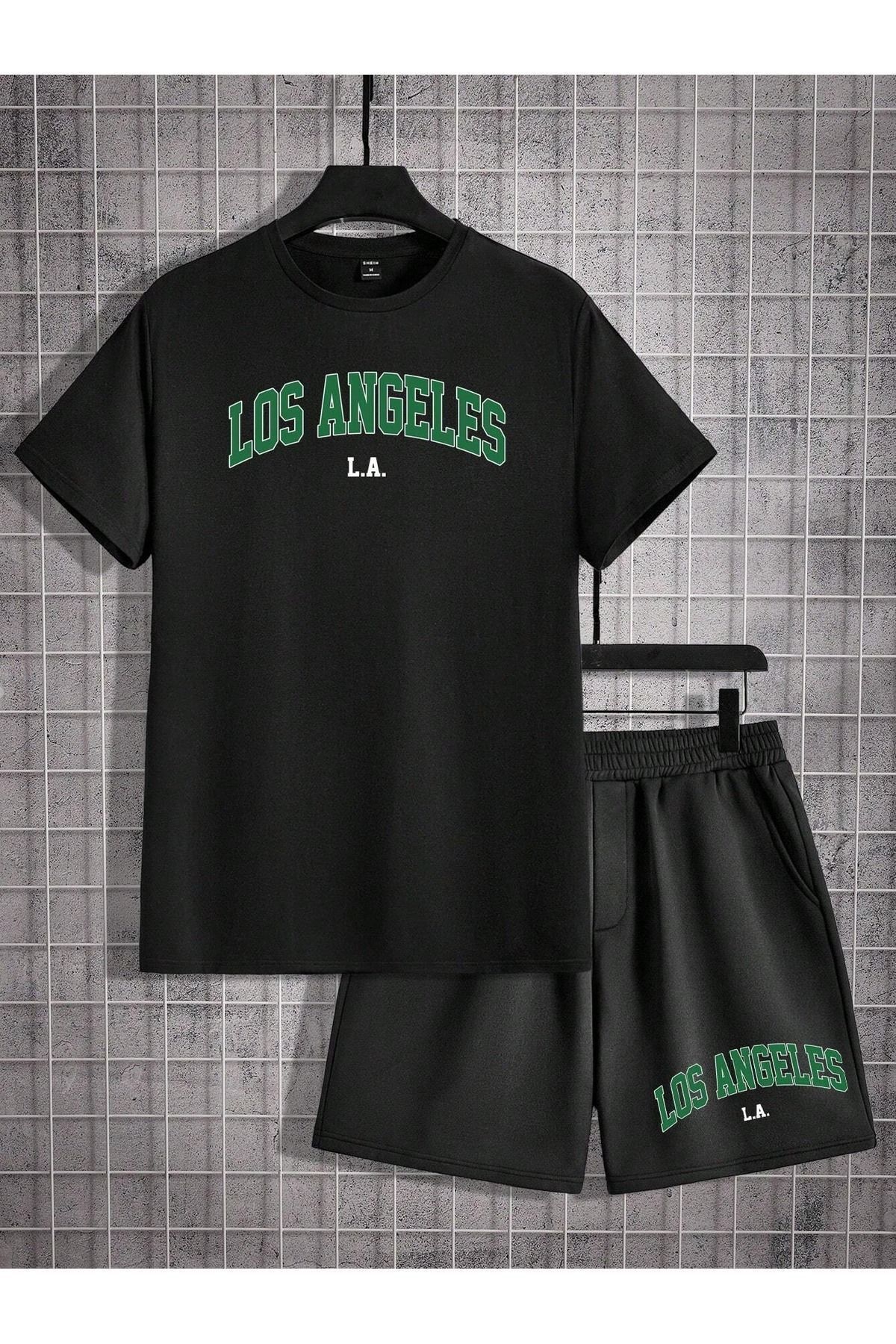 Boi Los Angeles La T-Shirt Şort - Siyah Şortlu Tişört Alt Üst Takım Baskılı Bisiklet Yaka