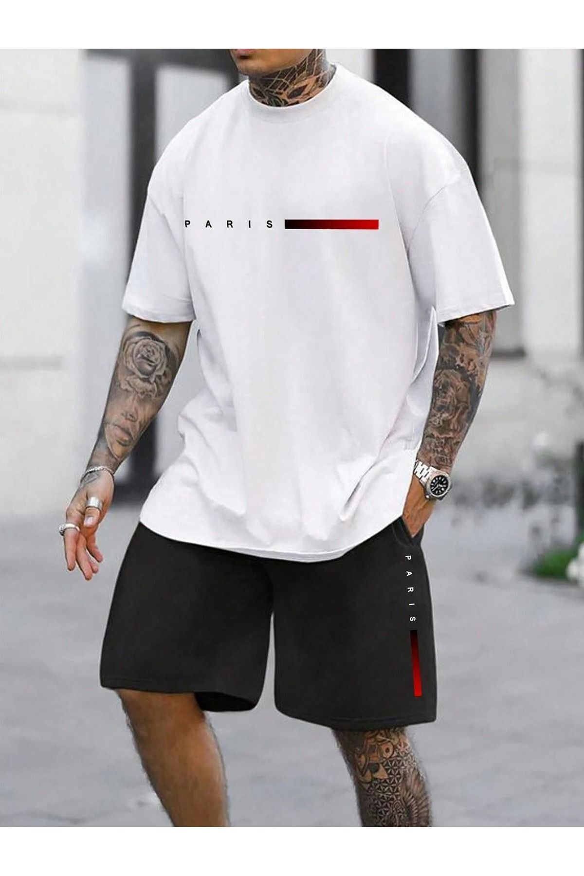Boi Paris Şerit T-Shirt Şort -Beyaz Siyah Şortlu Tişört Alt Üst Takım Baskılı Bisiklet Yaka