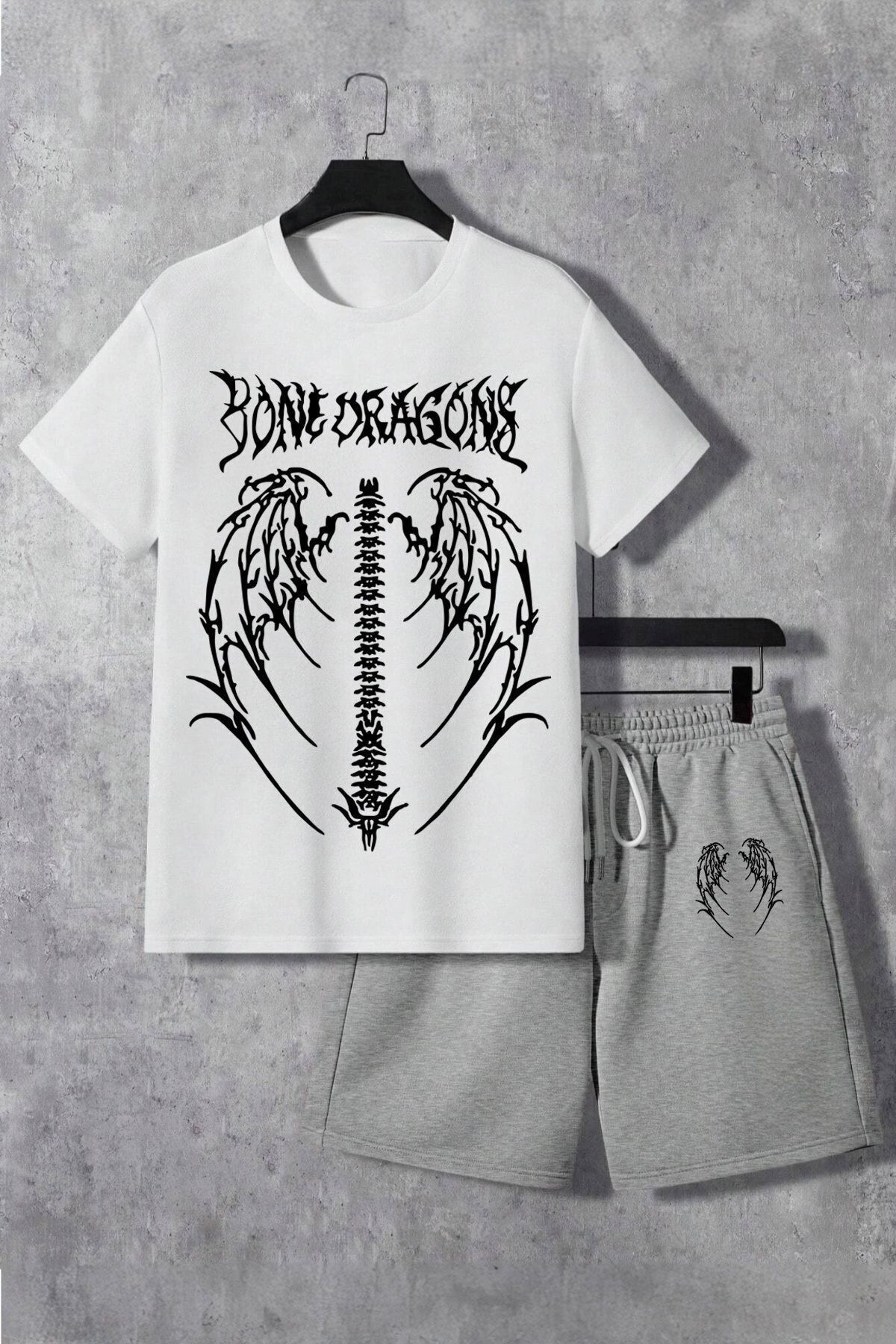 Boi Bone Dragons T-Shirt Şort - Beyaz Gri Şortlu Tişört Alt Üst Takım Baskılı Bisiklet Yaka