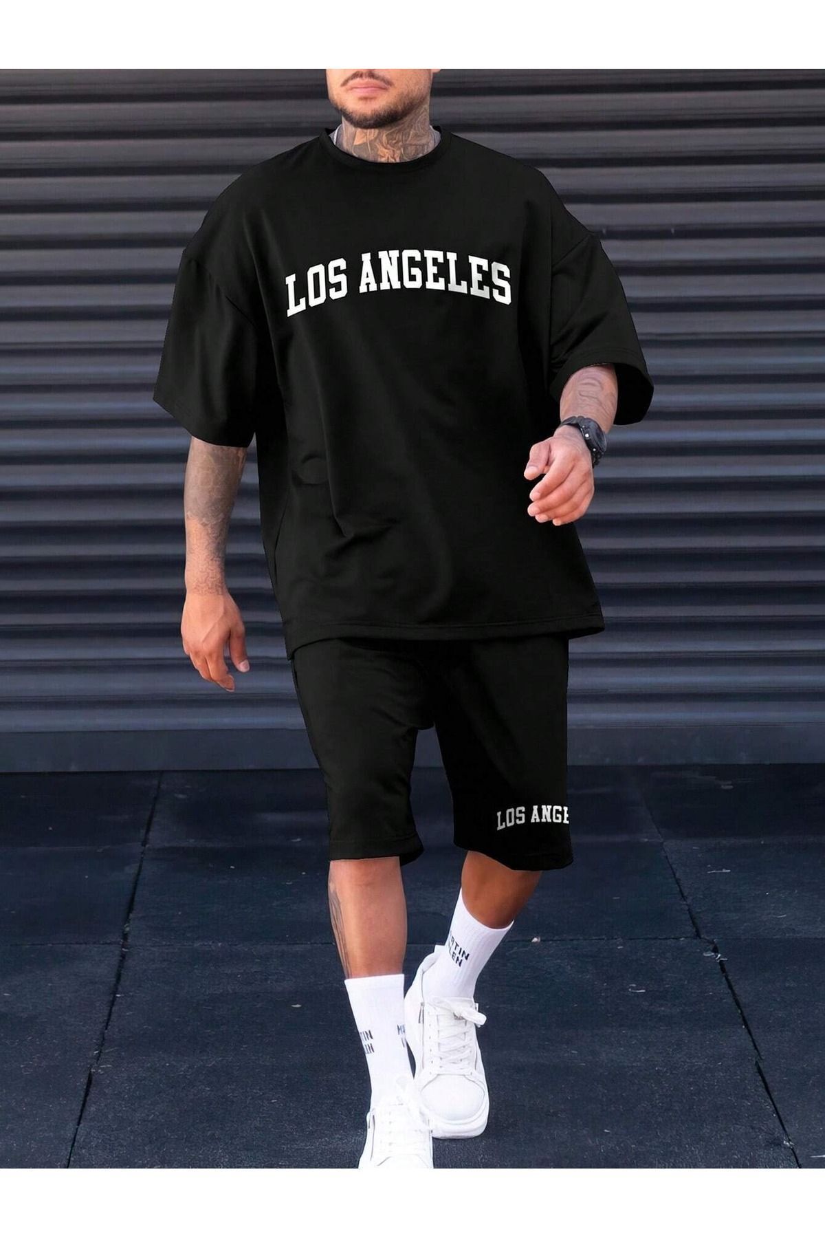 Boi Los Angeles T-Shirt Şort Kombin Takım - Siyah Baskılı Oversize Bisiklet Yaka