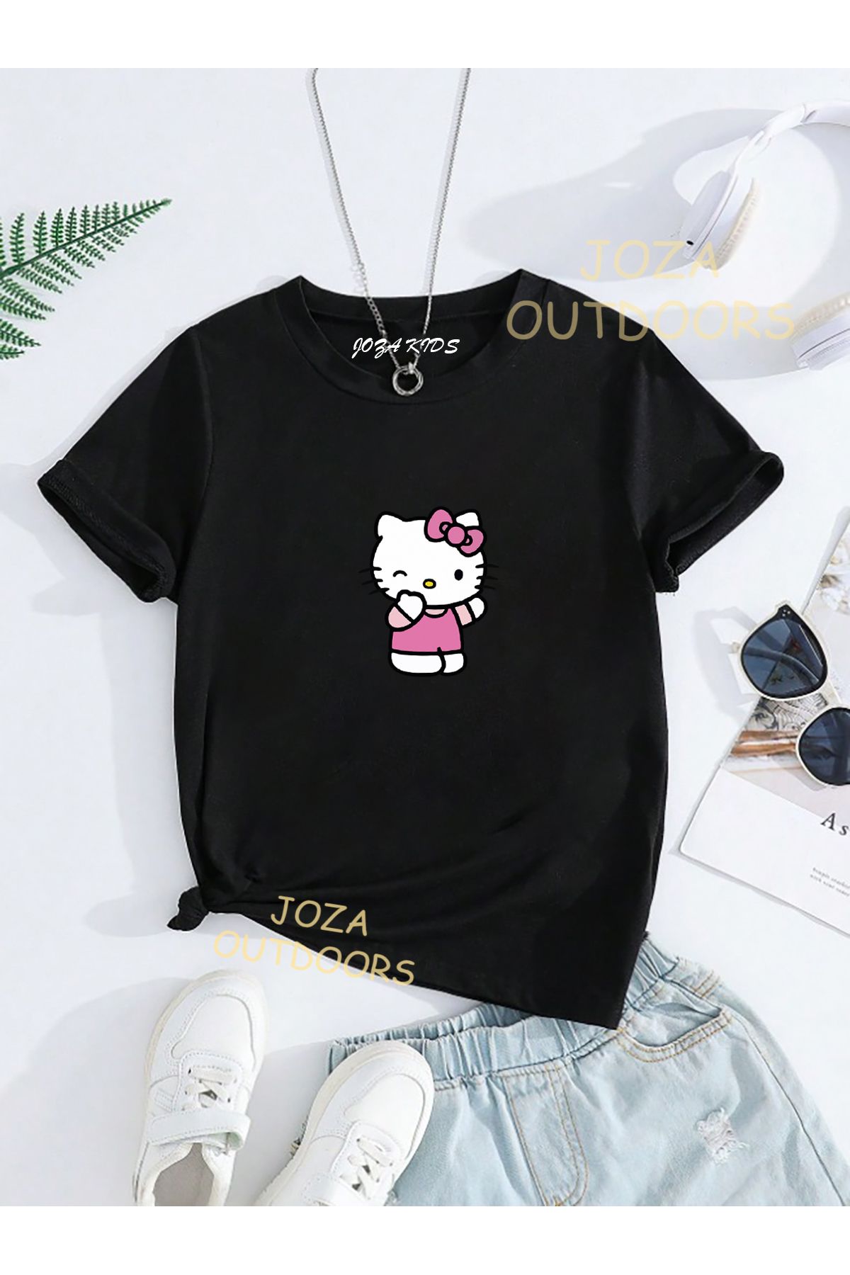 Jobia Outdoors Unisex Kız ve Erkek Hello Kitty Tasarım SIRT Baskılı Renkli Çocuk Tekli T-shirt