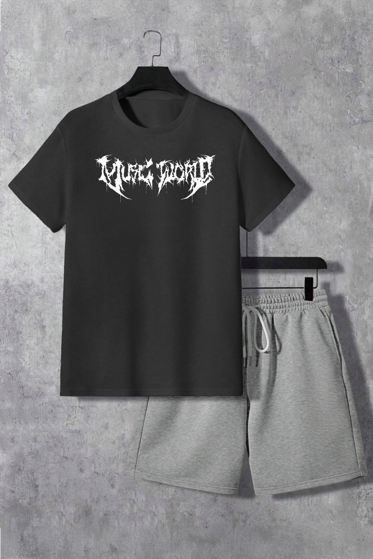 Boi Desen T-Shirt Şort - Siyah Gri Şortlu Tişört Alt Üst Takım Baskılı Bisiklet Yaka