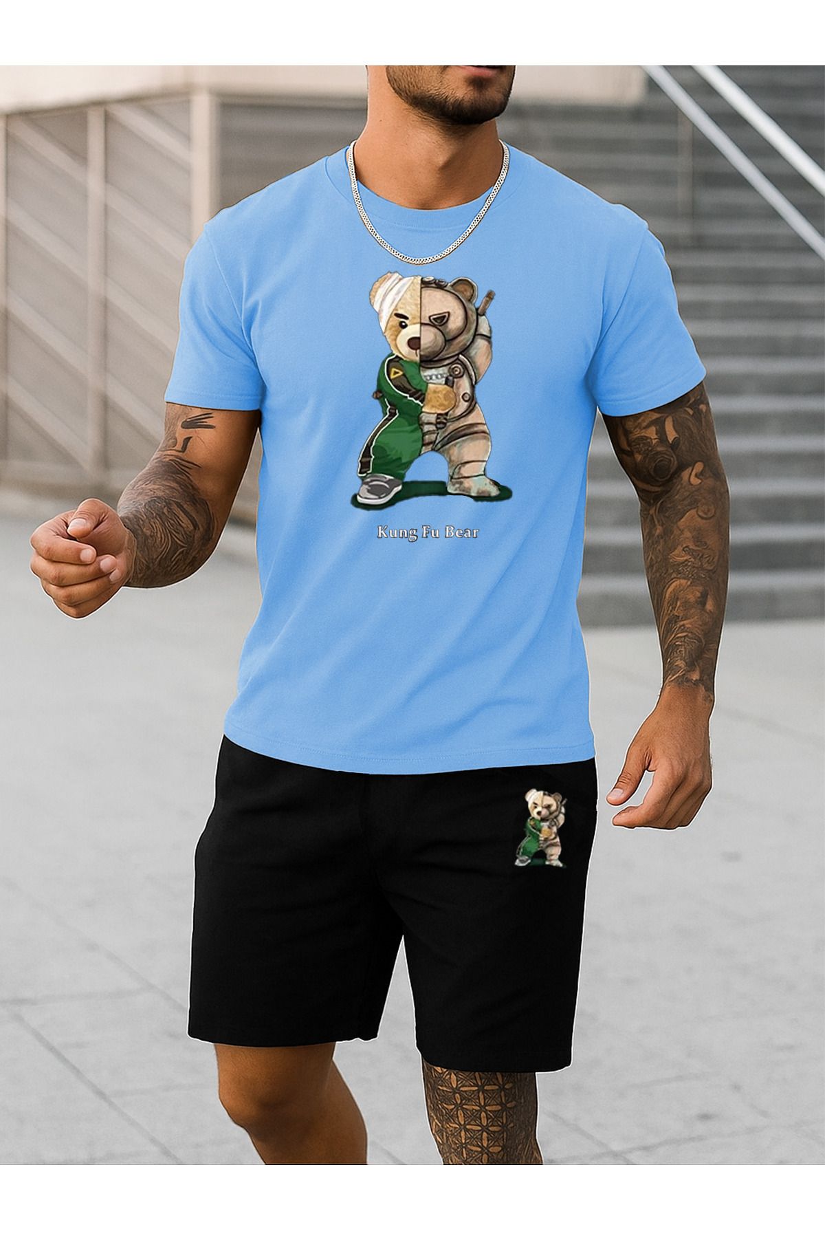 Boi Kung Fu Bear T-Shirt Şort - Bebe Mavi Siyah Şortlu Tişört Alt Üst Takım Baskılı Bisiklet Yaka