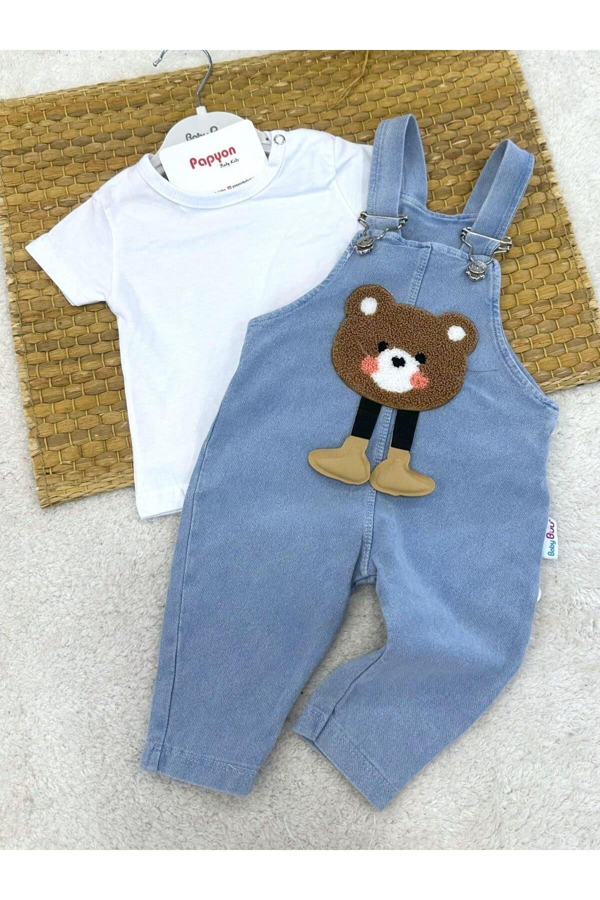 Papyon Baby Kids Süzene Ayıcık Nakışlı Kot Salopetli Düz Tişörtlü Erkek Bebek 2li Takım (6-9/9-12/12-18/18-24 Ay)