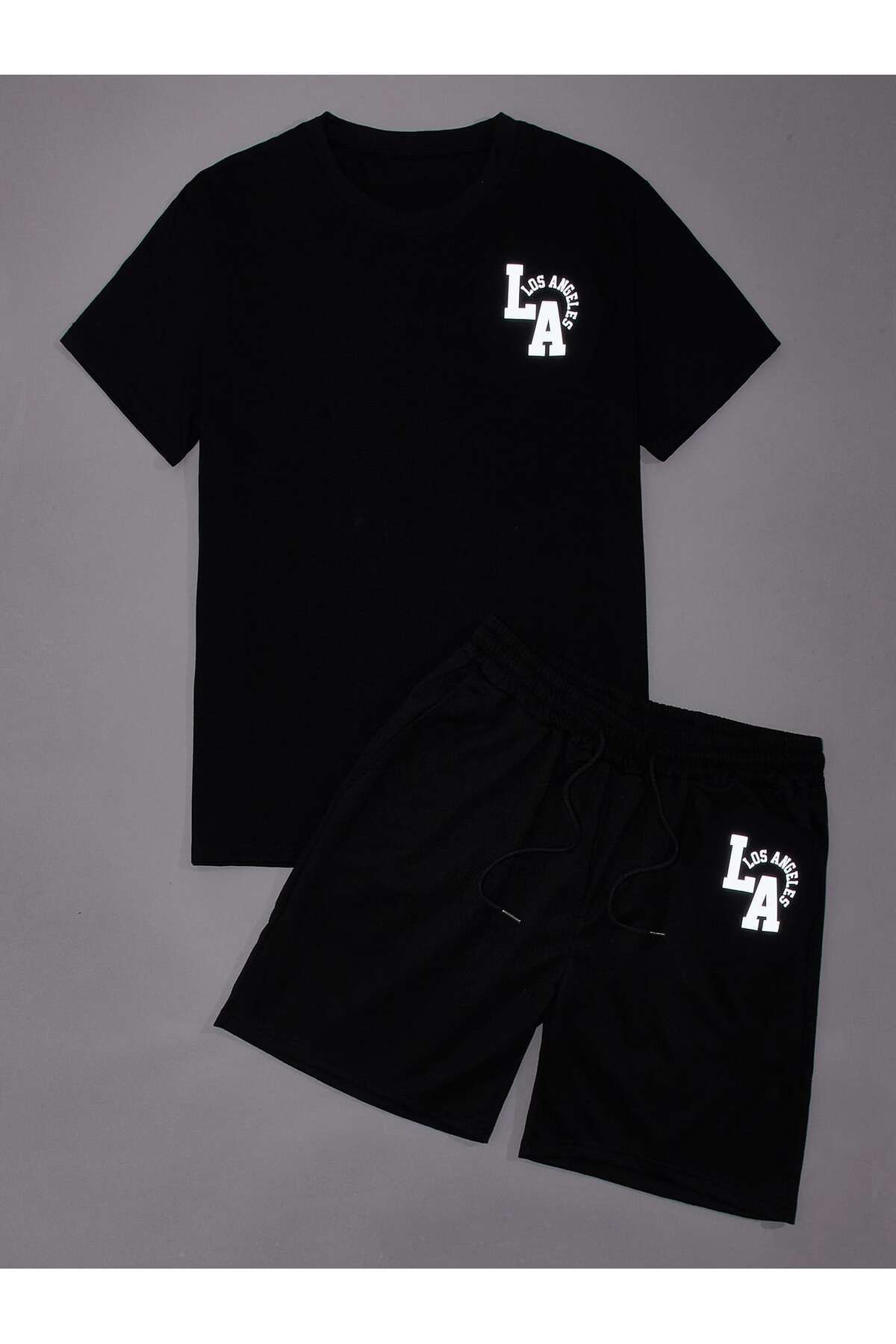 Boi La Los Angeles T-Shirt Şort - Siyah Şortlu Tişört Alt Üst Takım Baskılı Bisiklet Yaka