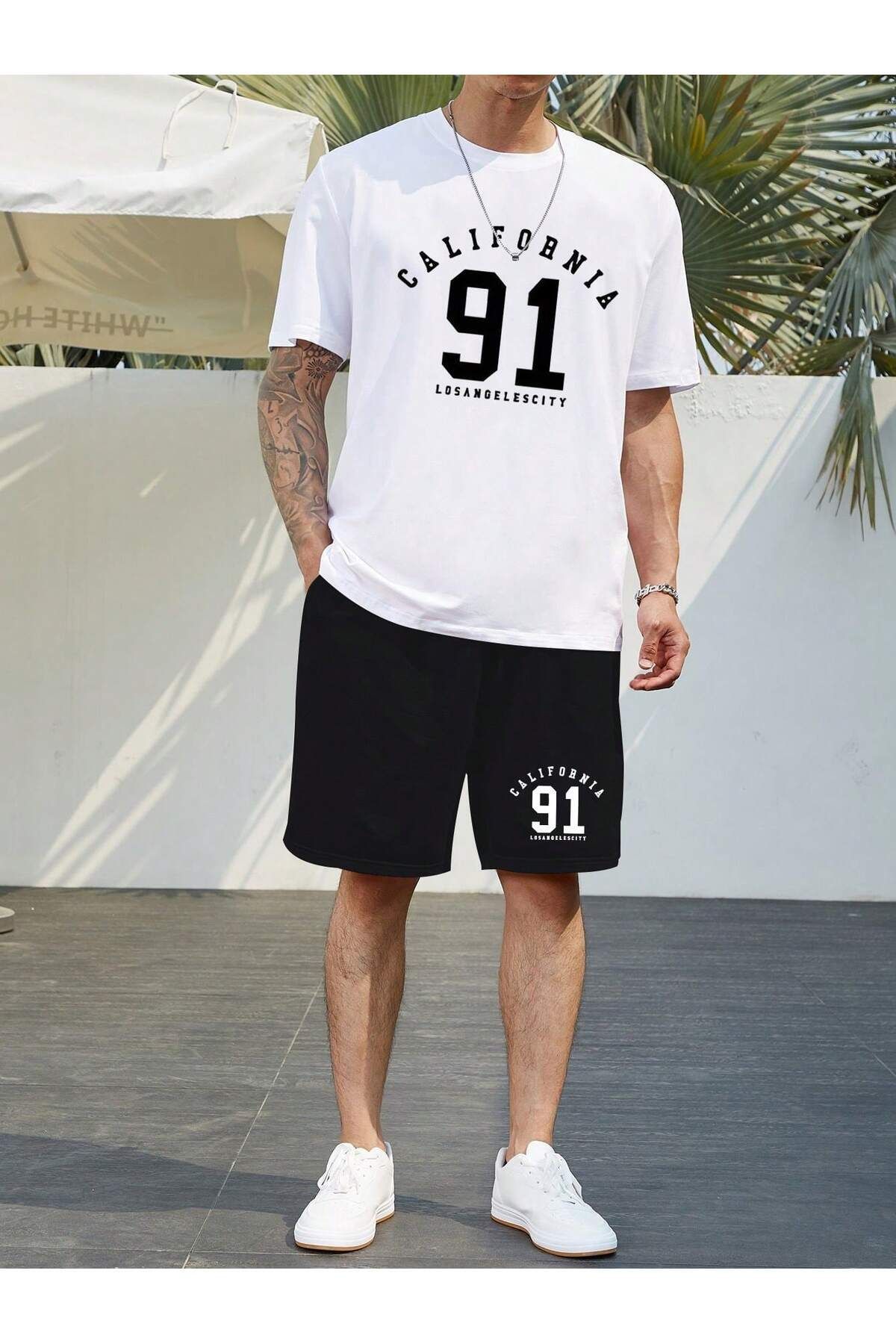 Boi California 91 T-Shirt Şort - Beyaz Siyah Şortlu Tişört Alt Üst Takım Baskılı Bisiklet Yaka