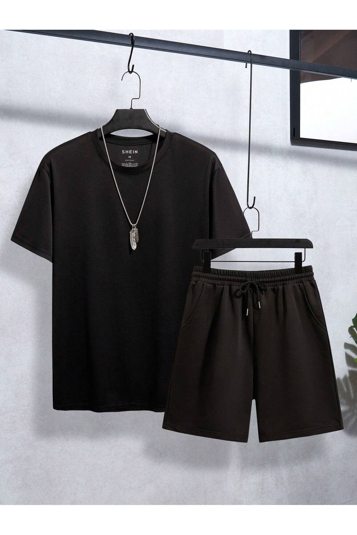 Boi Basic T-Shirt Şort Kombin Takım 2 Parça - Siyah Oversize Bisiklet Yaka