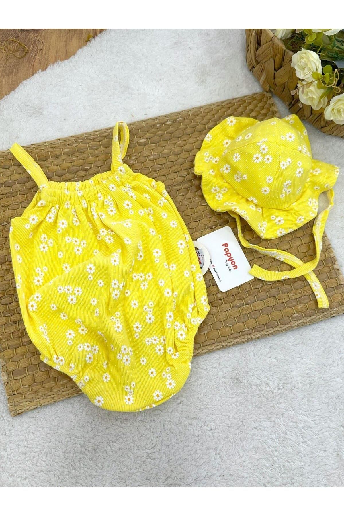 Papyon Baby Kids Papatya Baskılı Fitilli İp Askılı Kız Bebek Şapkalı Badi (0-3/3-6/6-9/9-12 Ay)