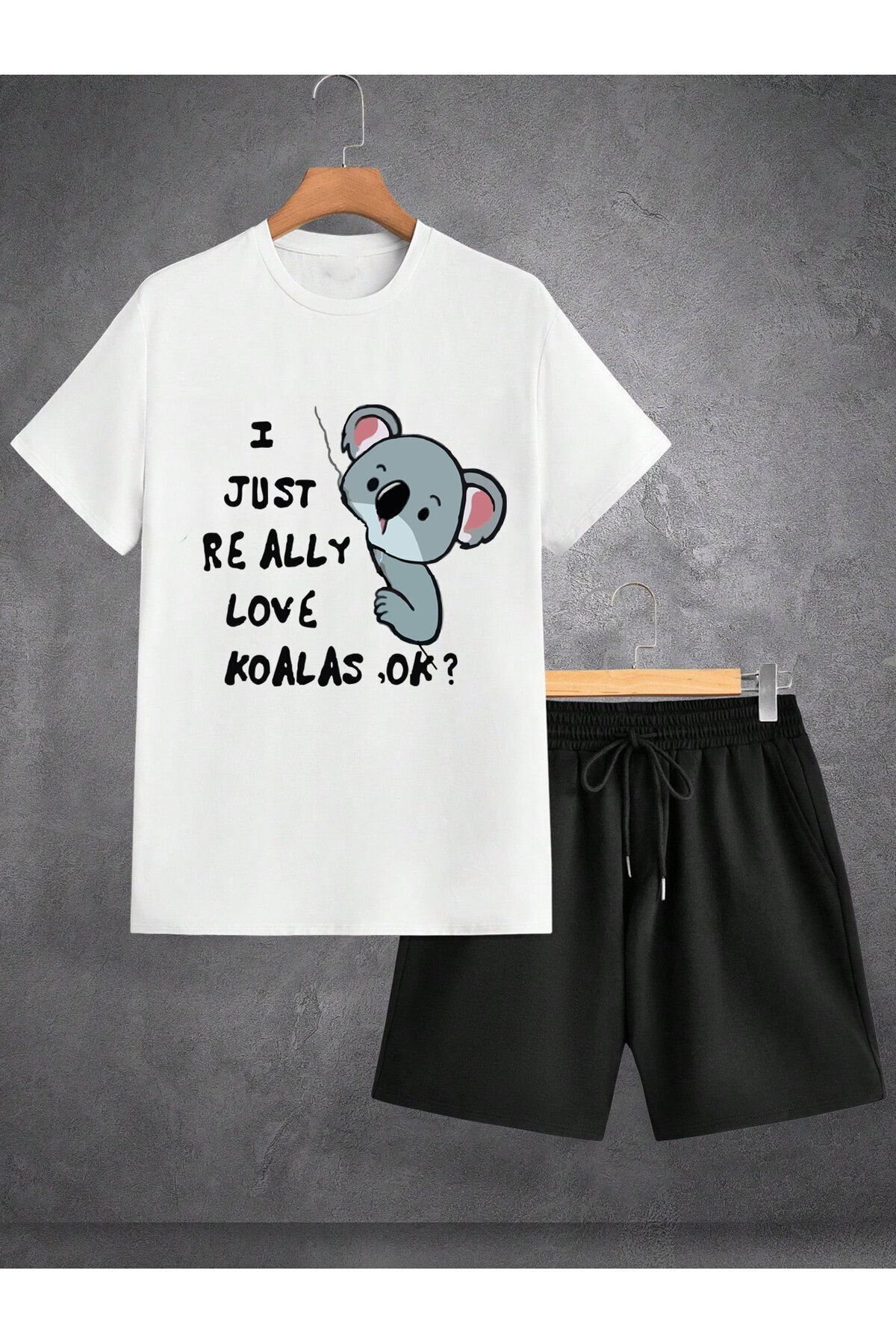 Boi Koala T-Shirt Şort - Beyaz Siyah Şortlu Tişört Alt Üst Takım Baskılı Bisiklet Yaka