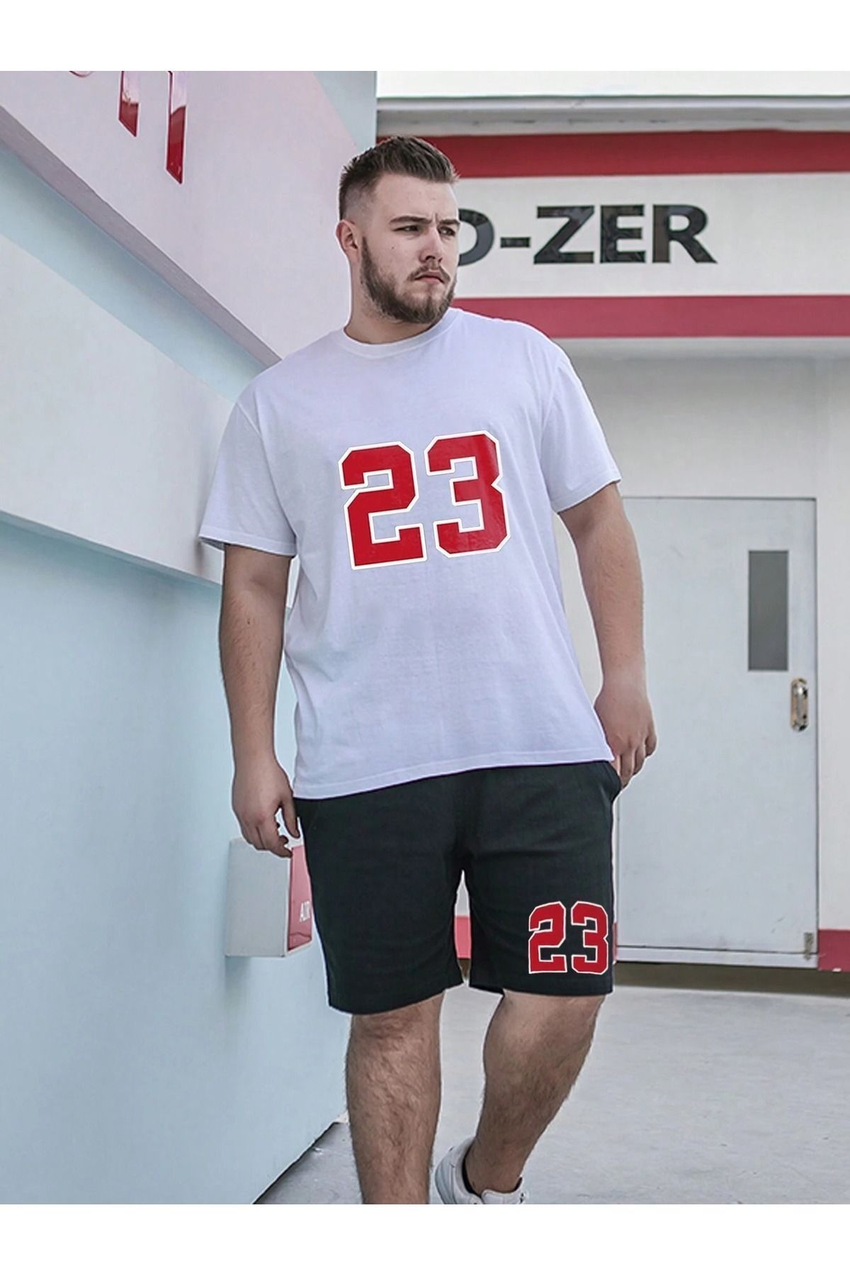 Boi 23 T-Shirt Şort - Beyaz Siyah Şortlu Tişört Alt Üst Takım Baskılı Bisiklet Yaka