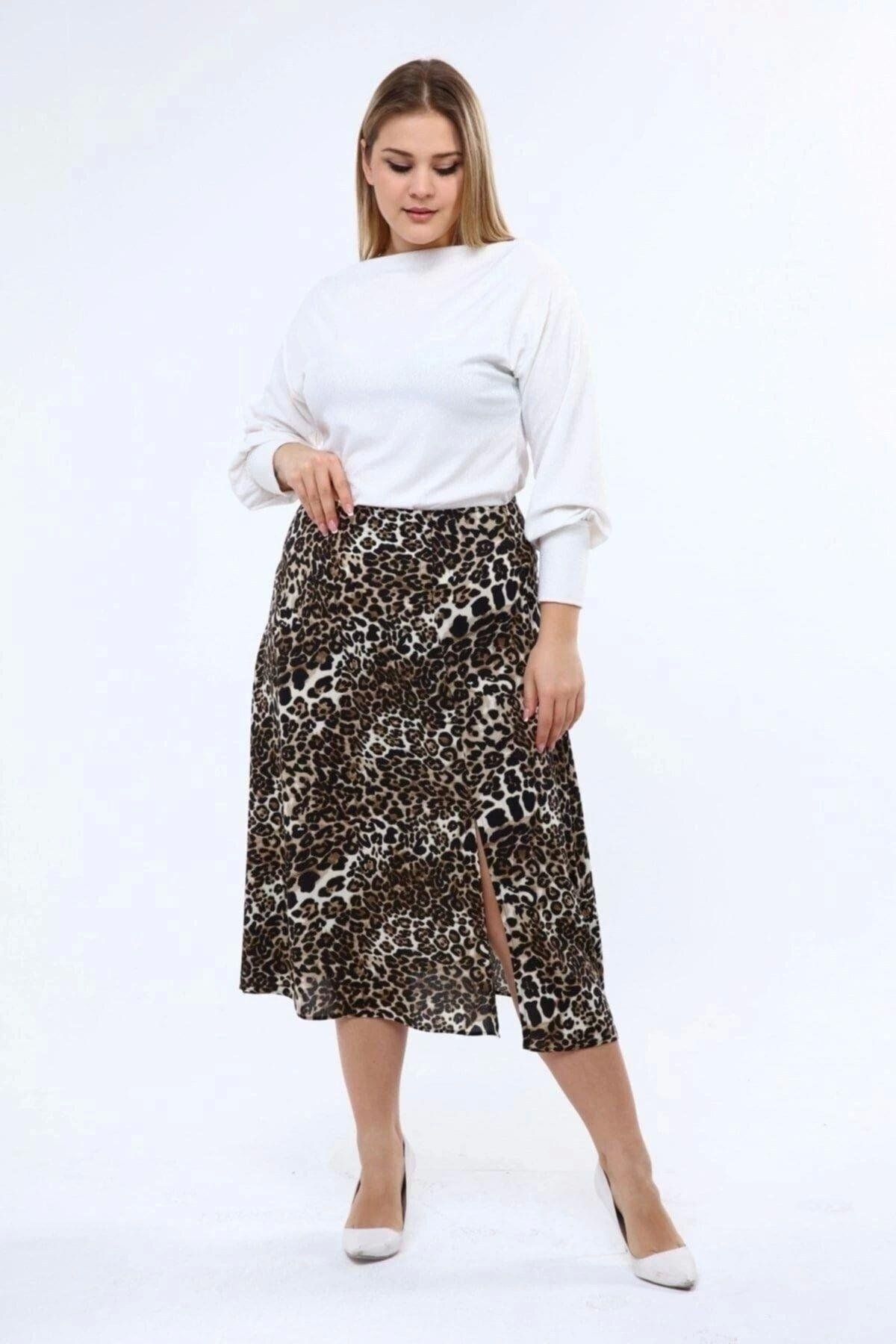 morise Kadın Leopar Desenli Yırtmaç Detaylı Yazlık Midi Büyük Beden Etek 2176/80