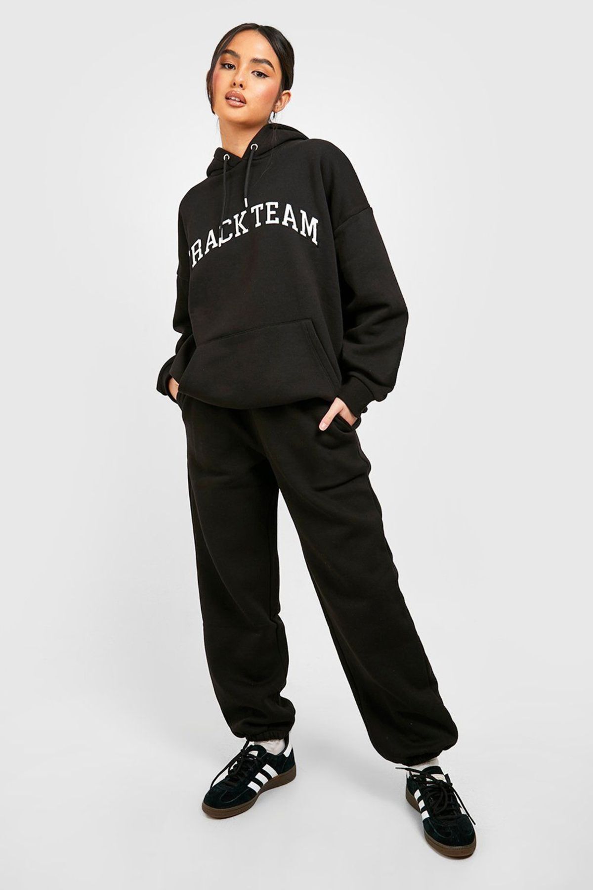 Boi Track Team Eşofman Takımı - Siyah Baskılı Takım Jogger Sweatshirt Lastik Paça Kapüşonlu