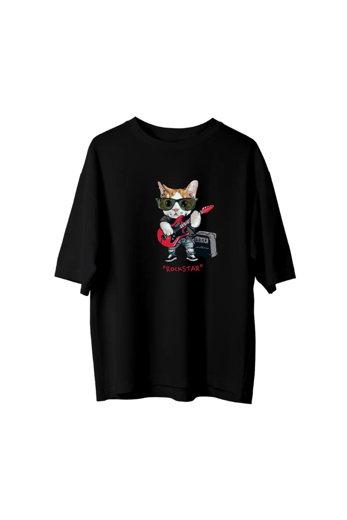 Koklonmoda Unisex Gitarist Kedi Baskılı Oversize T-Shirt