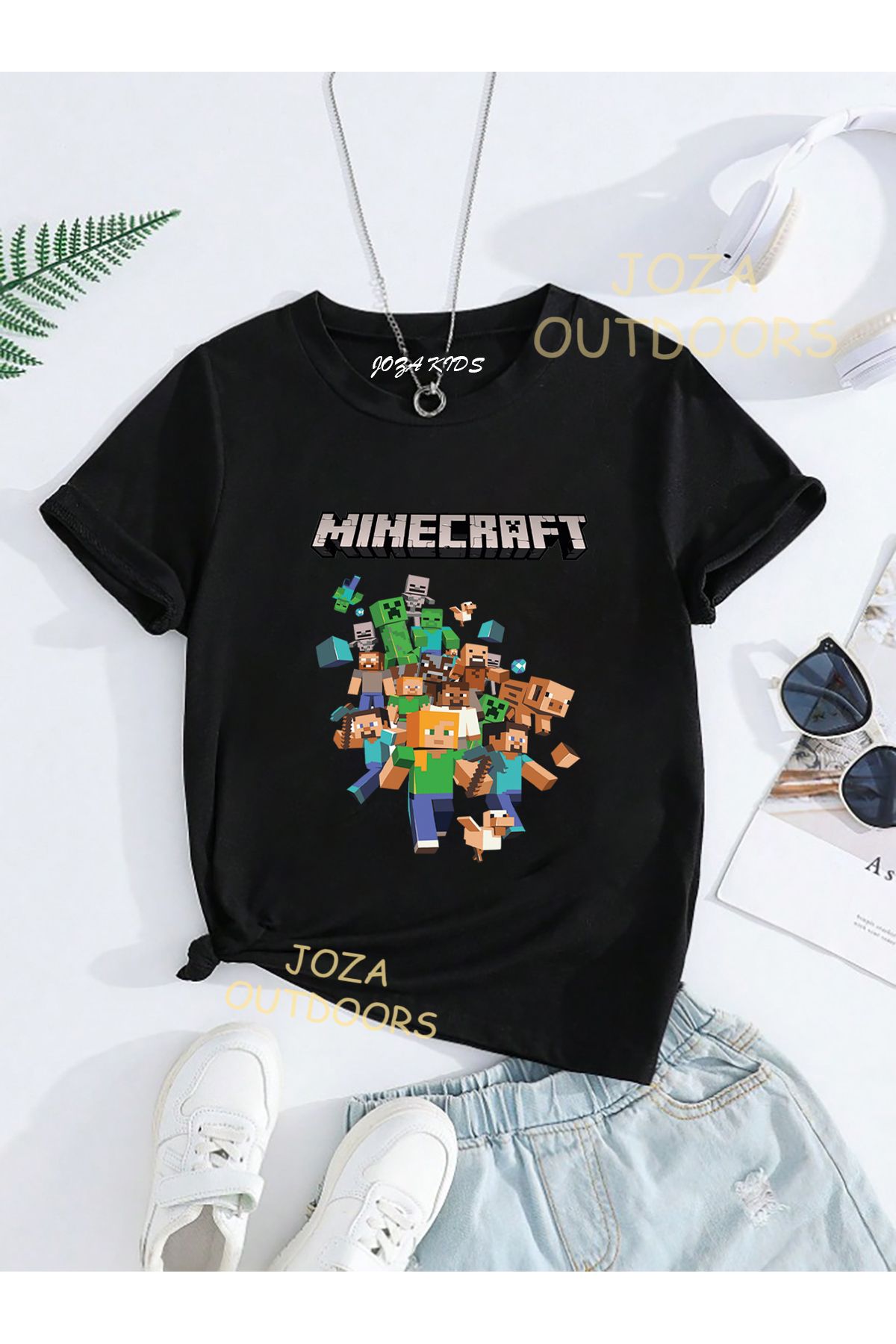 Joza Outdoors Unisex Kız ve Erkek Minecraft Tasarım SIRT Baskılı Renkli Çocuk Tekli T-shirt