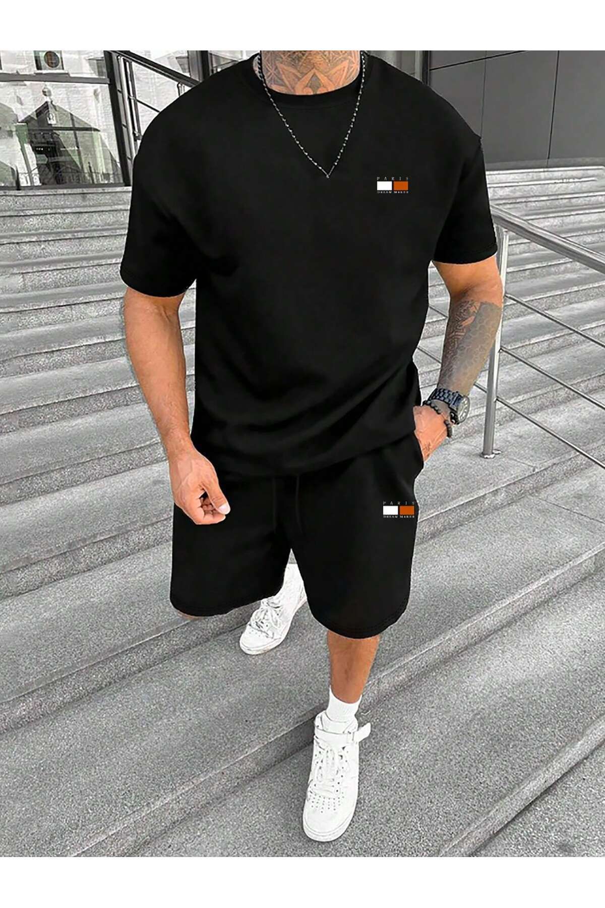 Boi Paris Dream Maker T-Shirt Şort - Siyah Şortlu Tişört Alt Üst Takım Baskılı Bisiklet Yaka