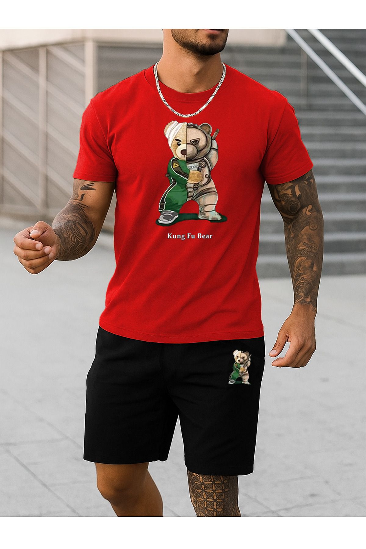 Boi Kung Fu Bear T-Shirt Şort - Kırmızı Siyah Şortlu Tişört Alt Üst Takım Baskılı Bisiklet Yaka
