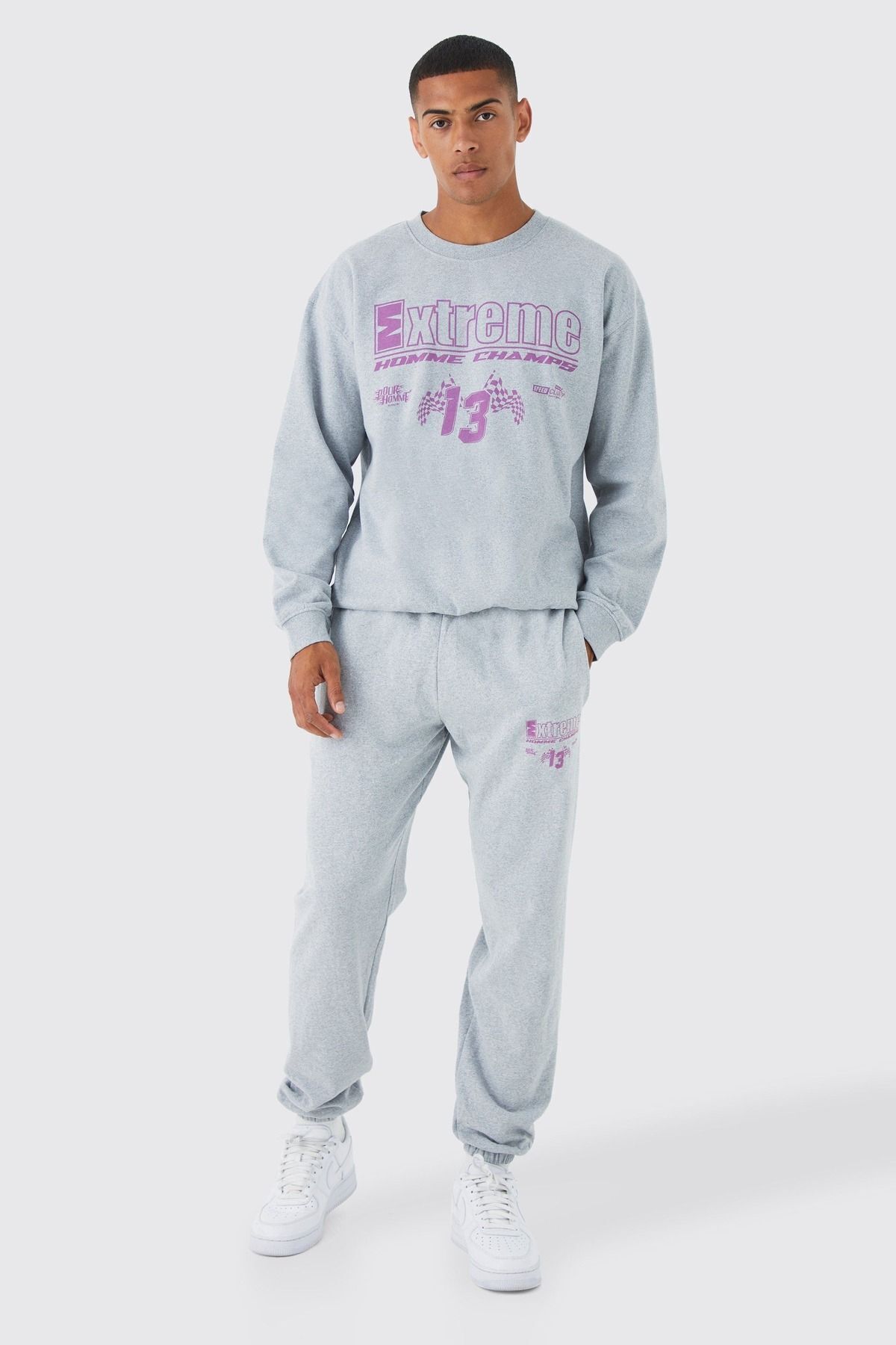 Boi Extreme 13 Flag Eşofman Takımı - Gri Baskılı Takım Jogger Sweatshirt Lastik Paça Bisiklet Yaka