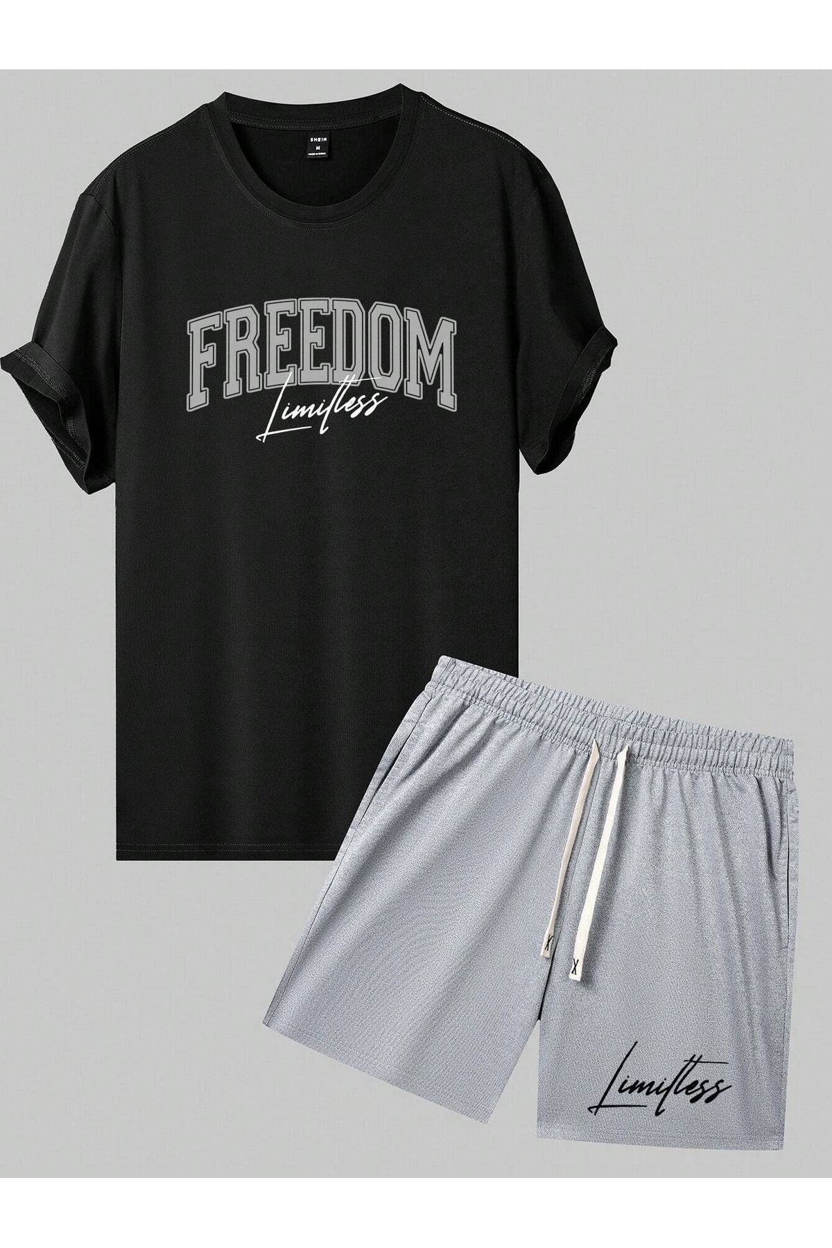 Boi-Limitless Freedom T-Shirt Shorts Combo Set - Black Gray Printed Oversized Crew Neck 3