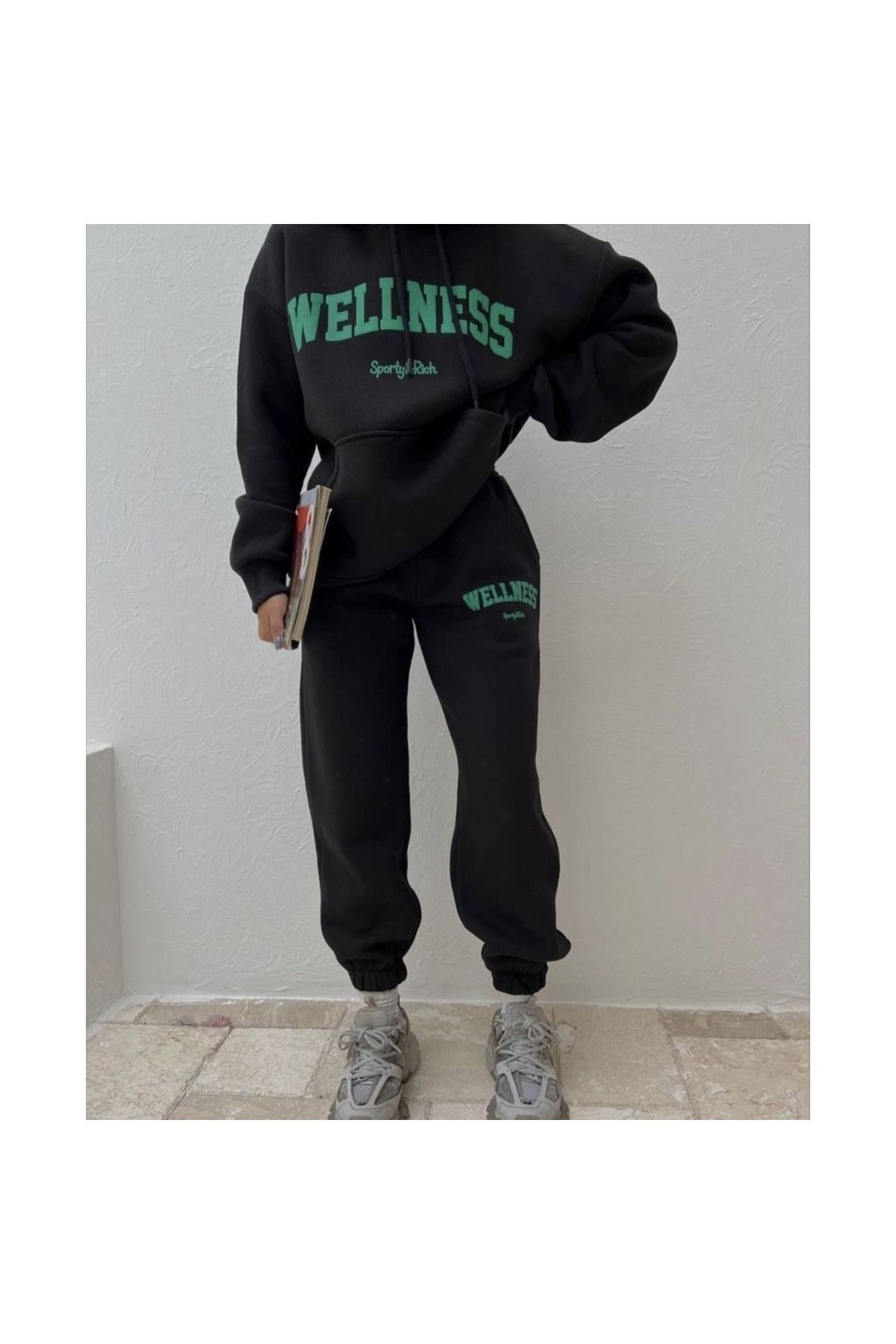 Boi Wellnes Eşofman Takımı - Siyah Baskılı Takım Jogger Sweatshirt Lastik Paça Kapüşonlu