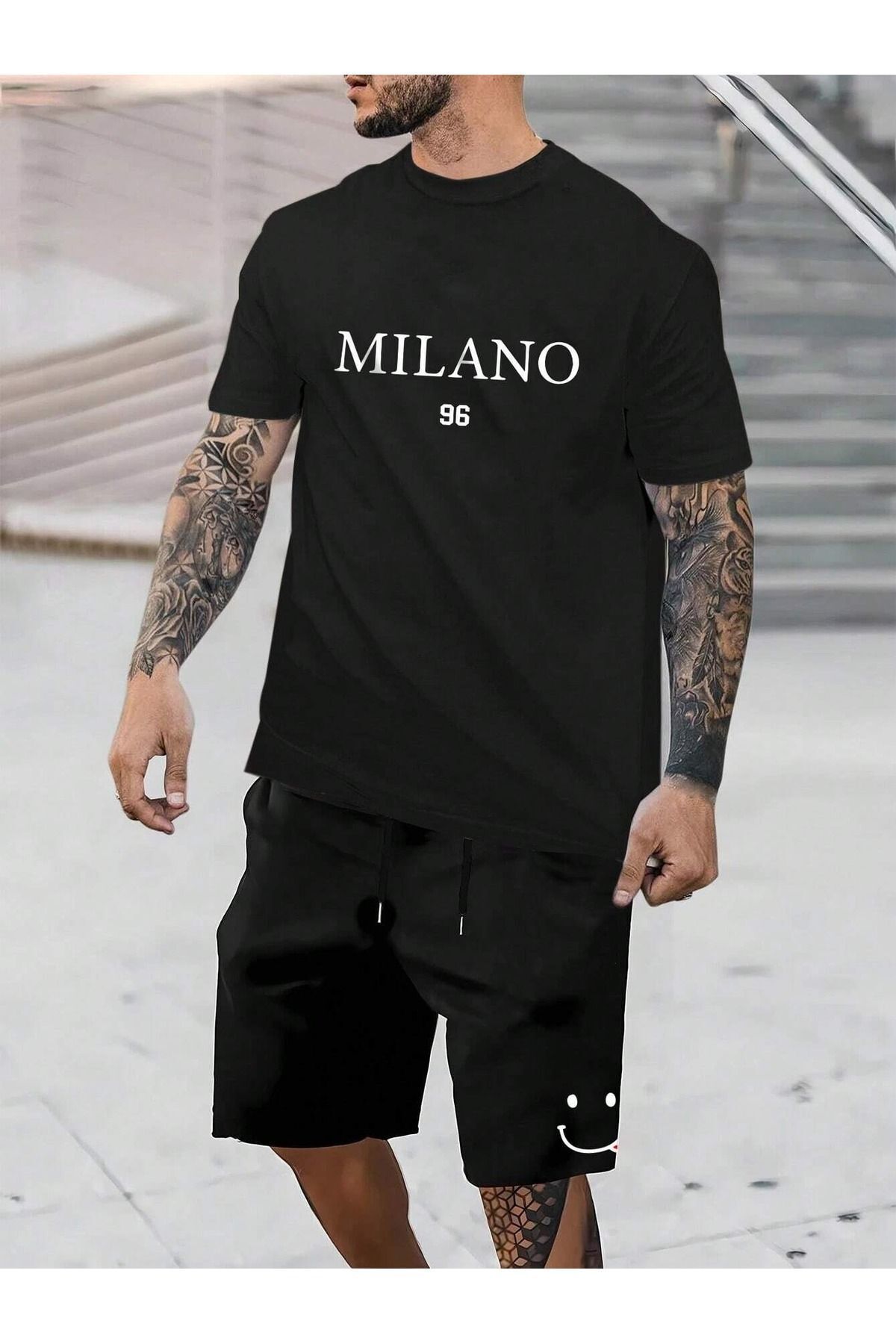 Boi Best T-Shirt Şort - Siyah Şortlu Tişört Alt Üst Takım Baskılı Bisiklet Yaka