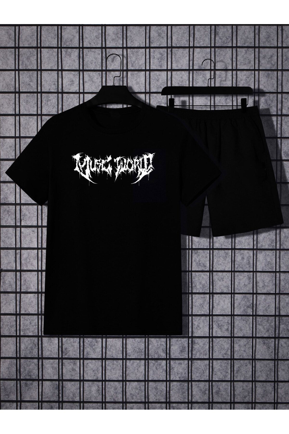 Boi Desen T-Shirt Şort - Siyah Şortlu Tişört Alt Üst Takım Baskılı Bisiklet Yaka
