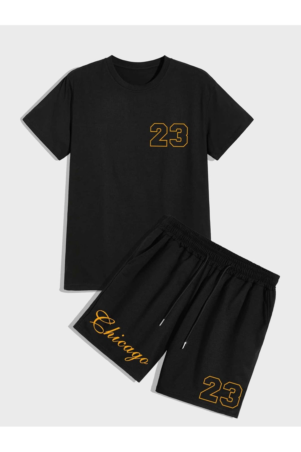 Boi 23 Chicago T-Shirt Şort - Siyah Şortlu Tişört Alt Üst Takım Baskılı Bisiklet Yaka