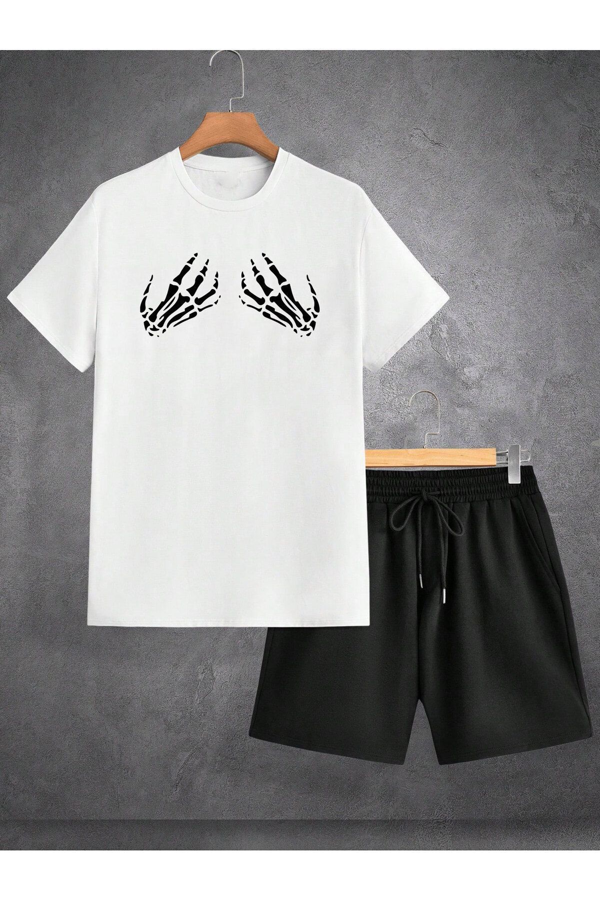 Boi İskelet El Y2k T-Shirt Şort - Beyaz Siyah Şortlu Tişört Alt Üst Takım Baskılı Bisiklet Yaka