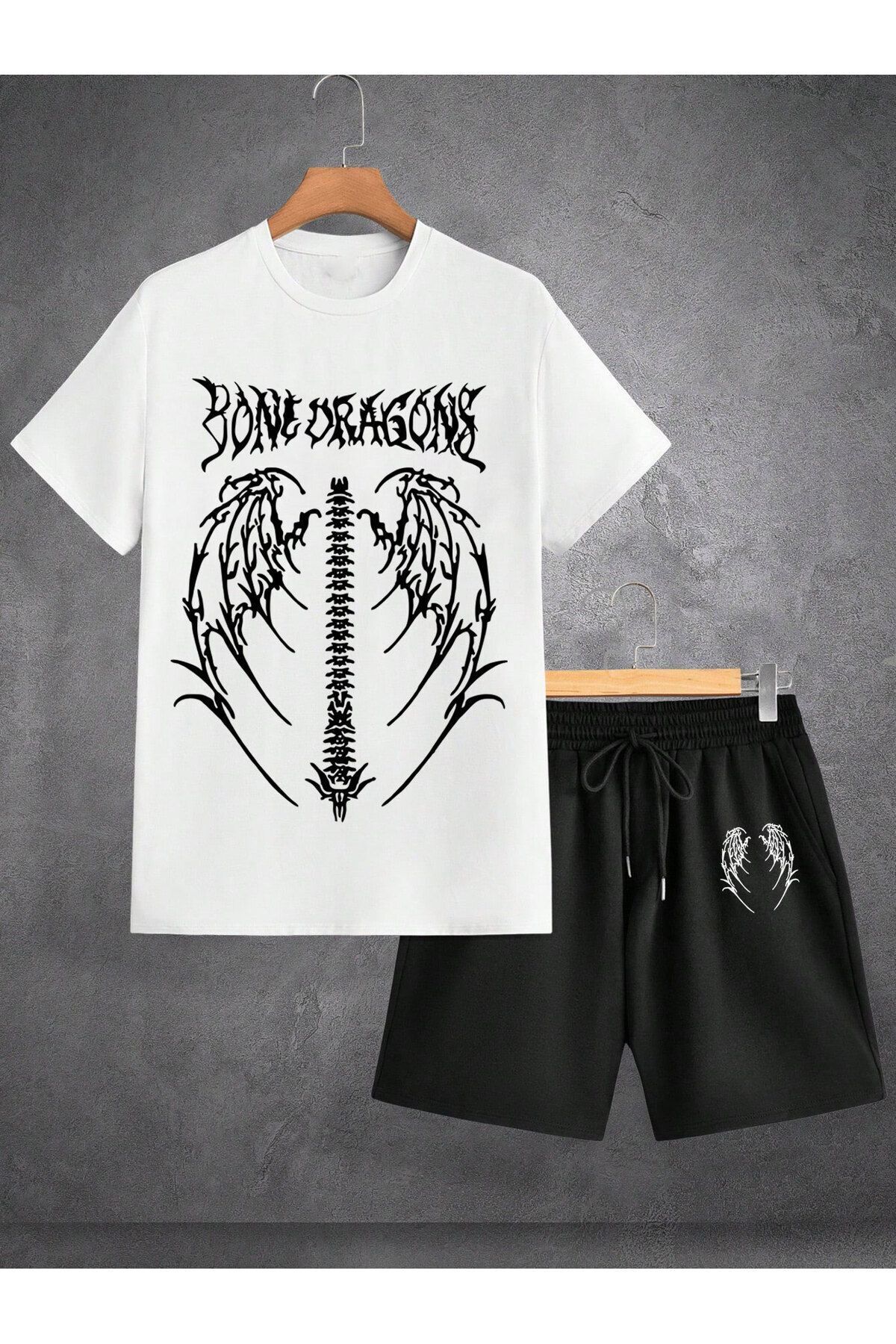 Boi Bone Dragons T-Shirt Şort - Beyaz Siyah Şortlu Tişört Alt Üst Takım Baskılı Bisiklet Yaka