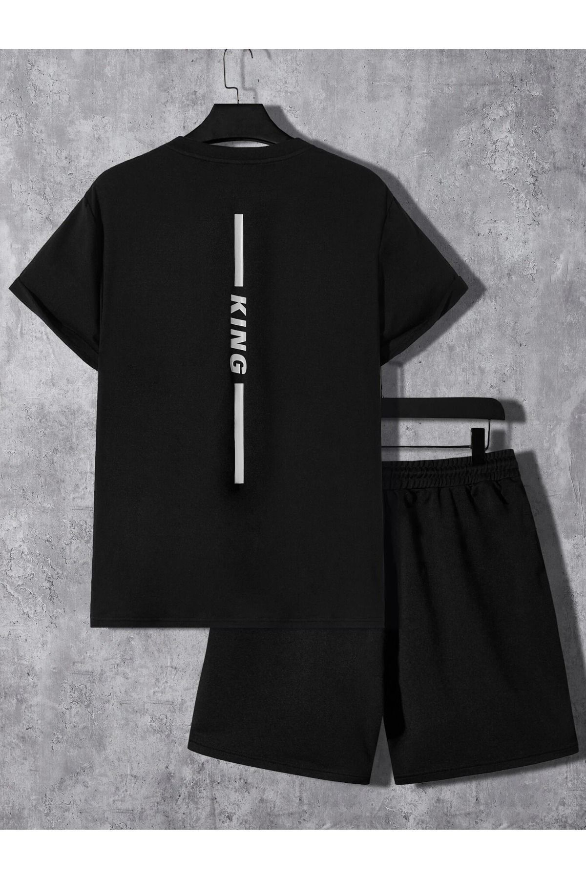 Boi King Çizgi T-Shirt Şort Kombin Takım - Siyah Baskılı Oversize Bisiklet Yaka