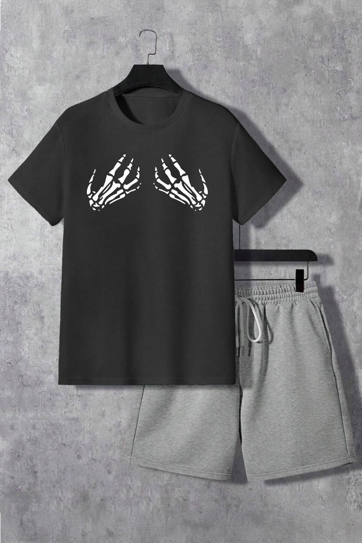 Boi İskelet El Y2k T-Shirt Şort - Siyah Gri Şortlu Tişört Alt Üst Takım Baskılı Bisiklet Yaka