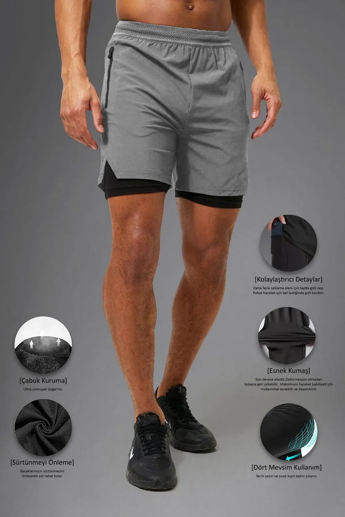 Lerix mod KOPYA - Unisex Gym Ve Fitness Astarlı Taytlı Şort / Gizli Cep Detaylı / Örme Lastikli