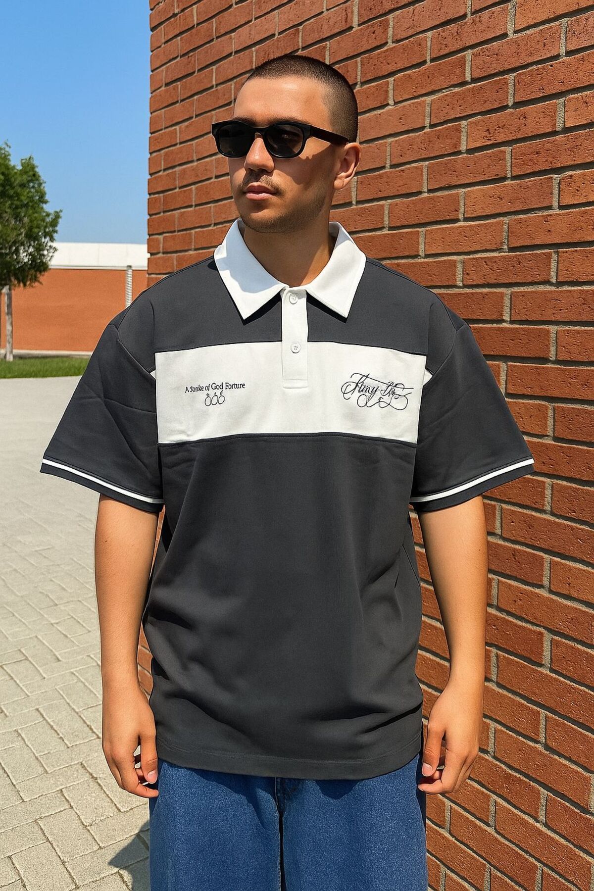 Freshman Oversize Sokak Stili Antrasit Beyaz Bloklu Polo Tshirt Erkek