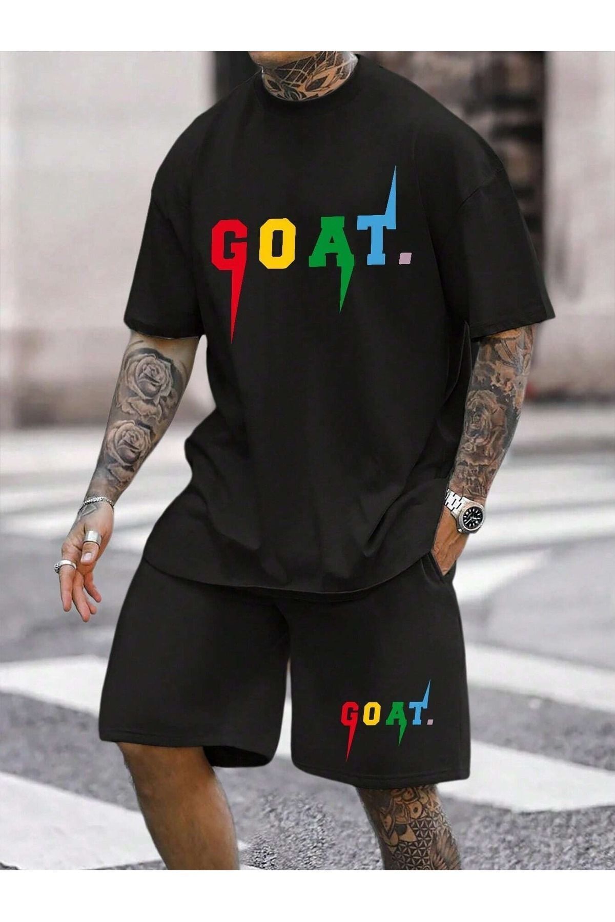 Boi Goat. T-Shirt Şort Kombin Takım - Siyah Baskılı Oversize Bisiklet Yaka