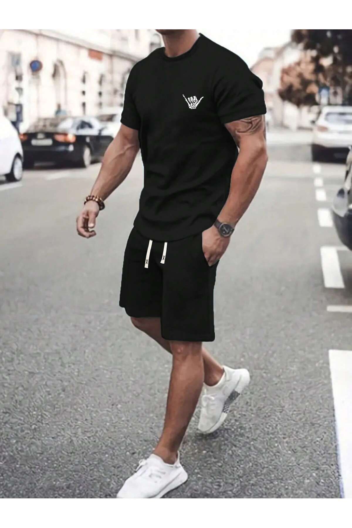 Boi Mini İskelet El T-Shirt Şort - Siyah Şortlu Tişört Alt Üst Takım Baskılı Bisiklet Yaka