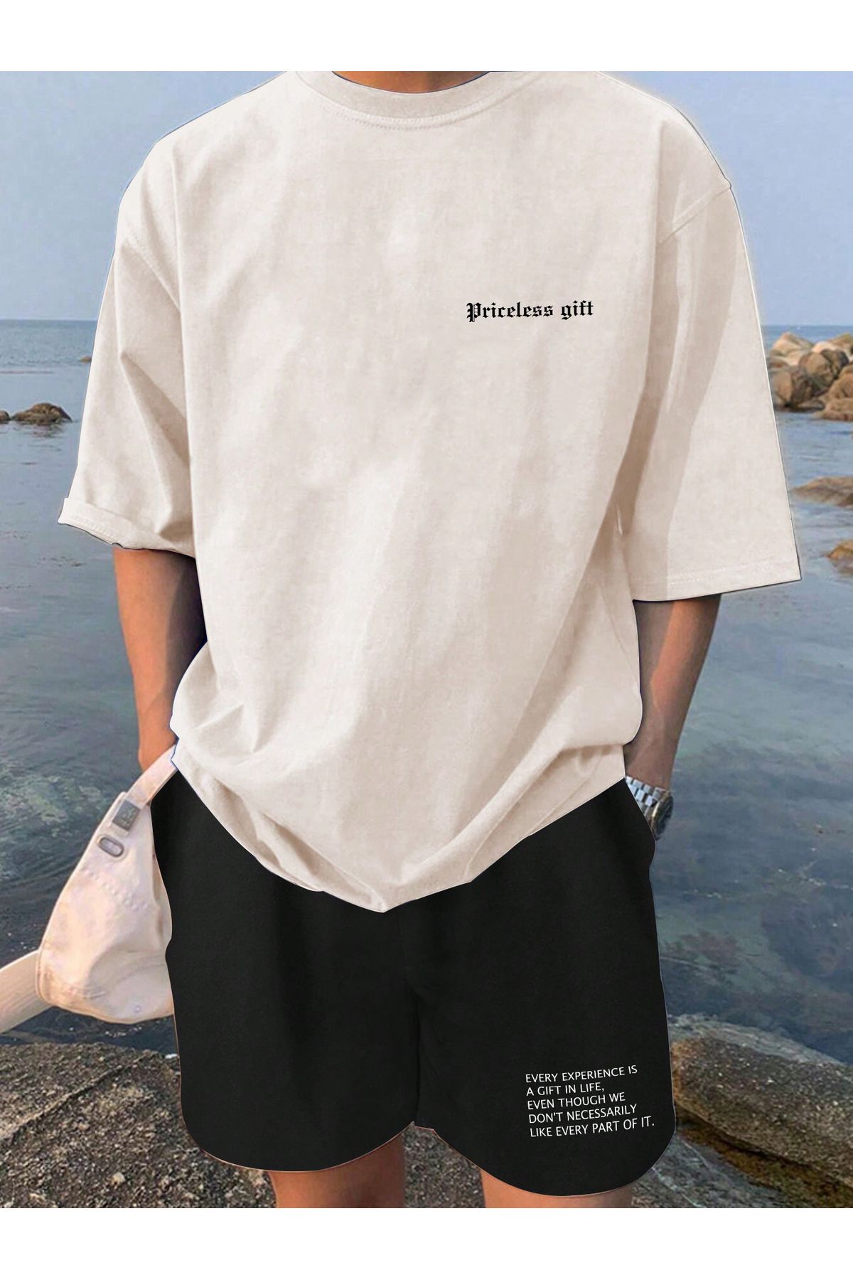 Boi Priceless Gift T-Shirt Şort - Beyaz Siyah Şortlu Tişört Alt Üst Takım Baskılı Bisiklet Yaka