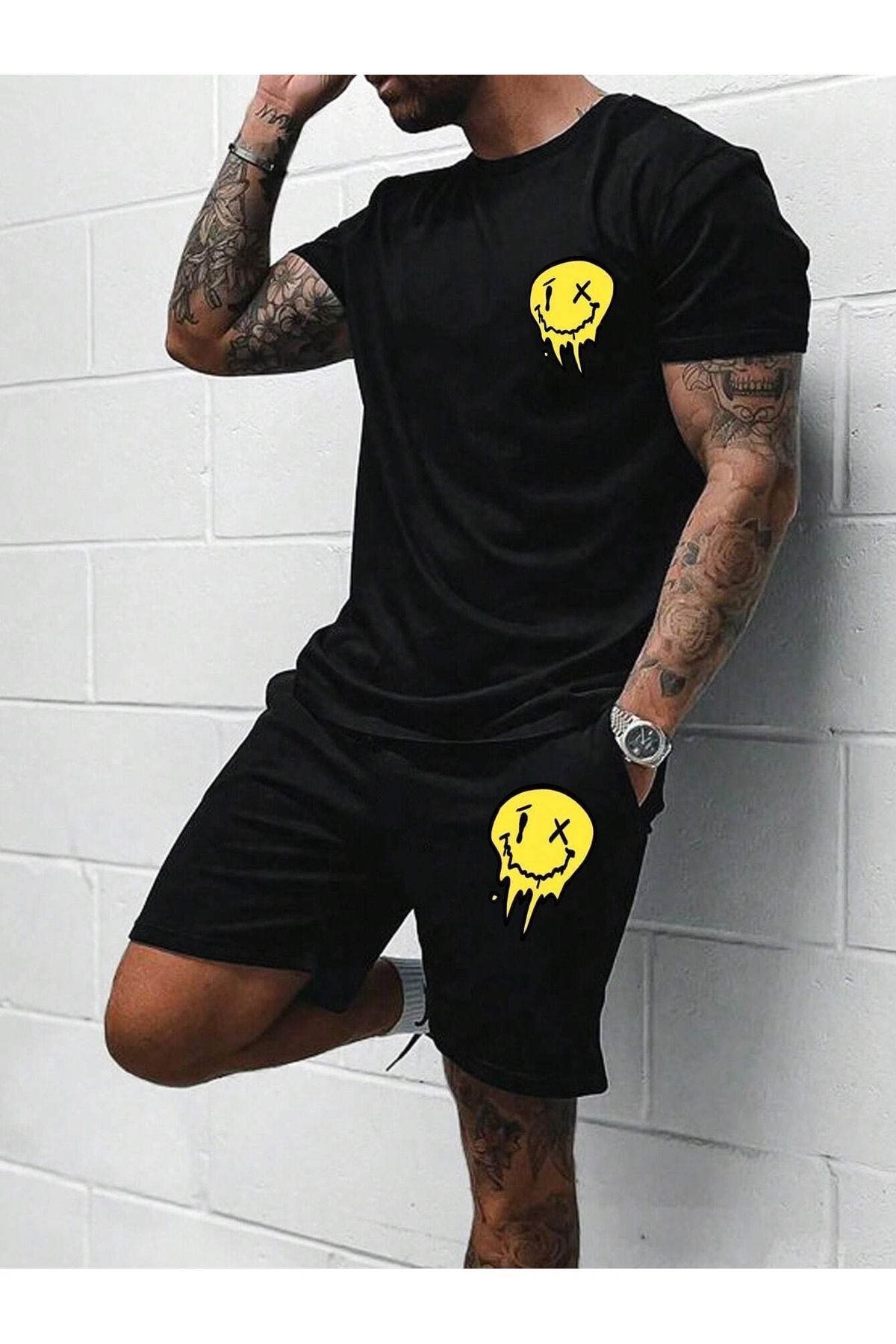 Boi Emoji T-Shirt Şort - Siyah Şortlu Tişört Alt Üst Takım Baskılı Bisiklet Yaka