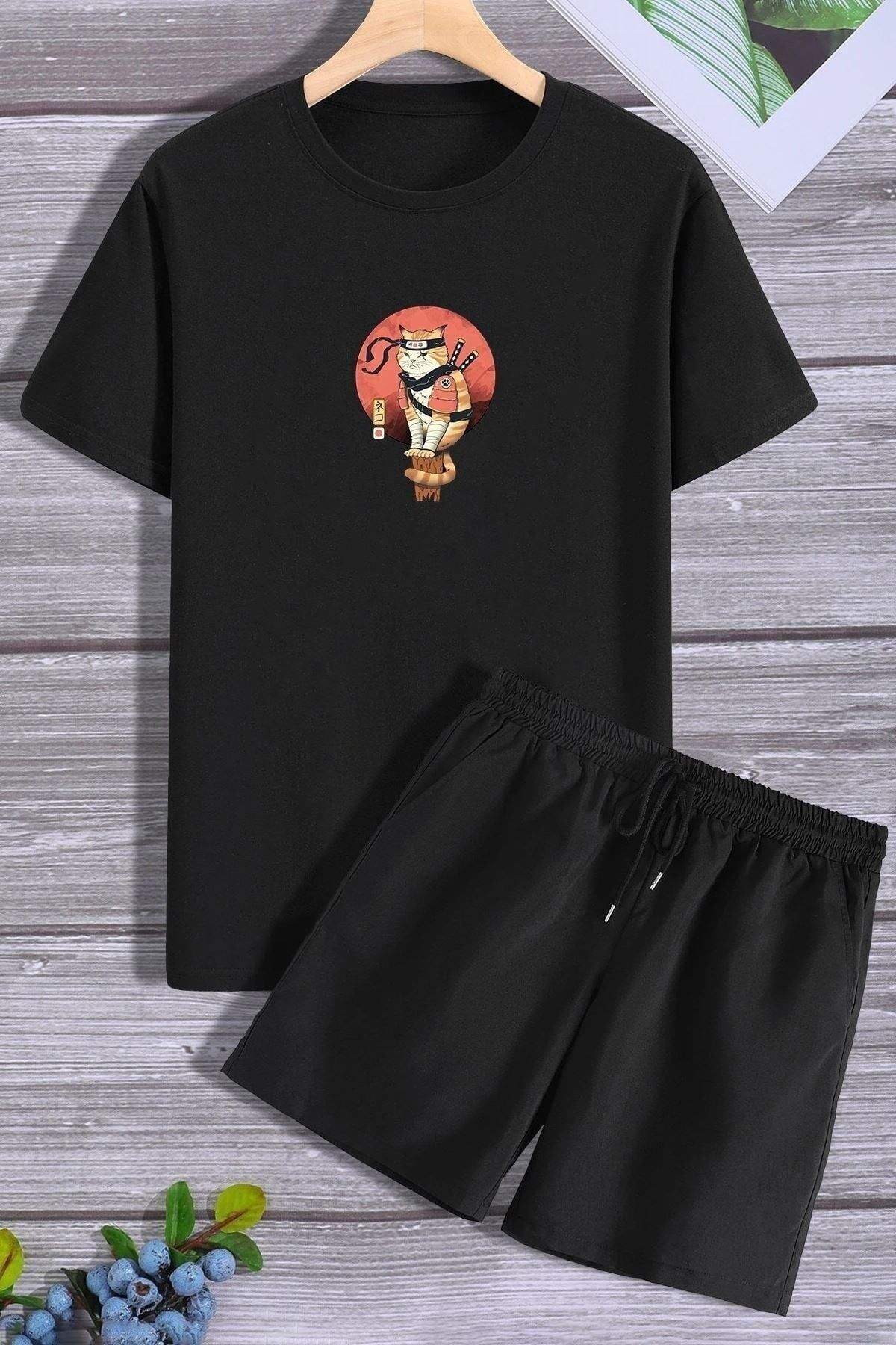 Boi Siyah Anime Kedi T-Shirt Şort Kombin Takım - Baskılı Oversize Bisiklet Yaka
