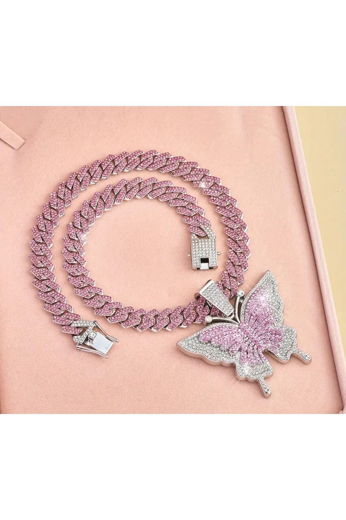 La Saade Butterfly Bling-Y2k Hip Hop Pembe Kelebekli Pembe Taşlı Chain Kolye