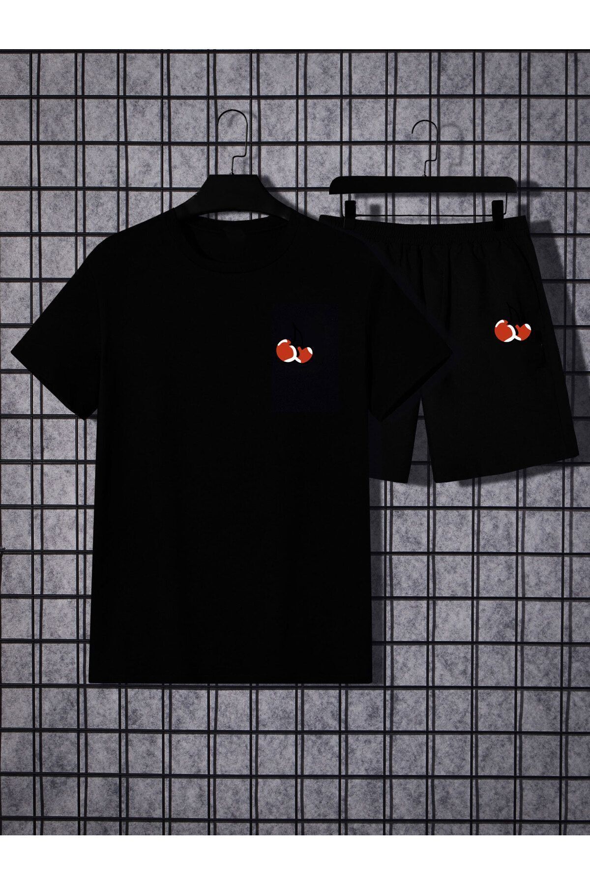 Boi Kiraz Desen T-Shirt Şort - Siyah Şortlu Tişört Alt Üst Takım Baskılı Bisiklet Yaka