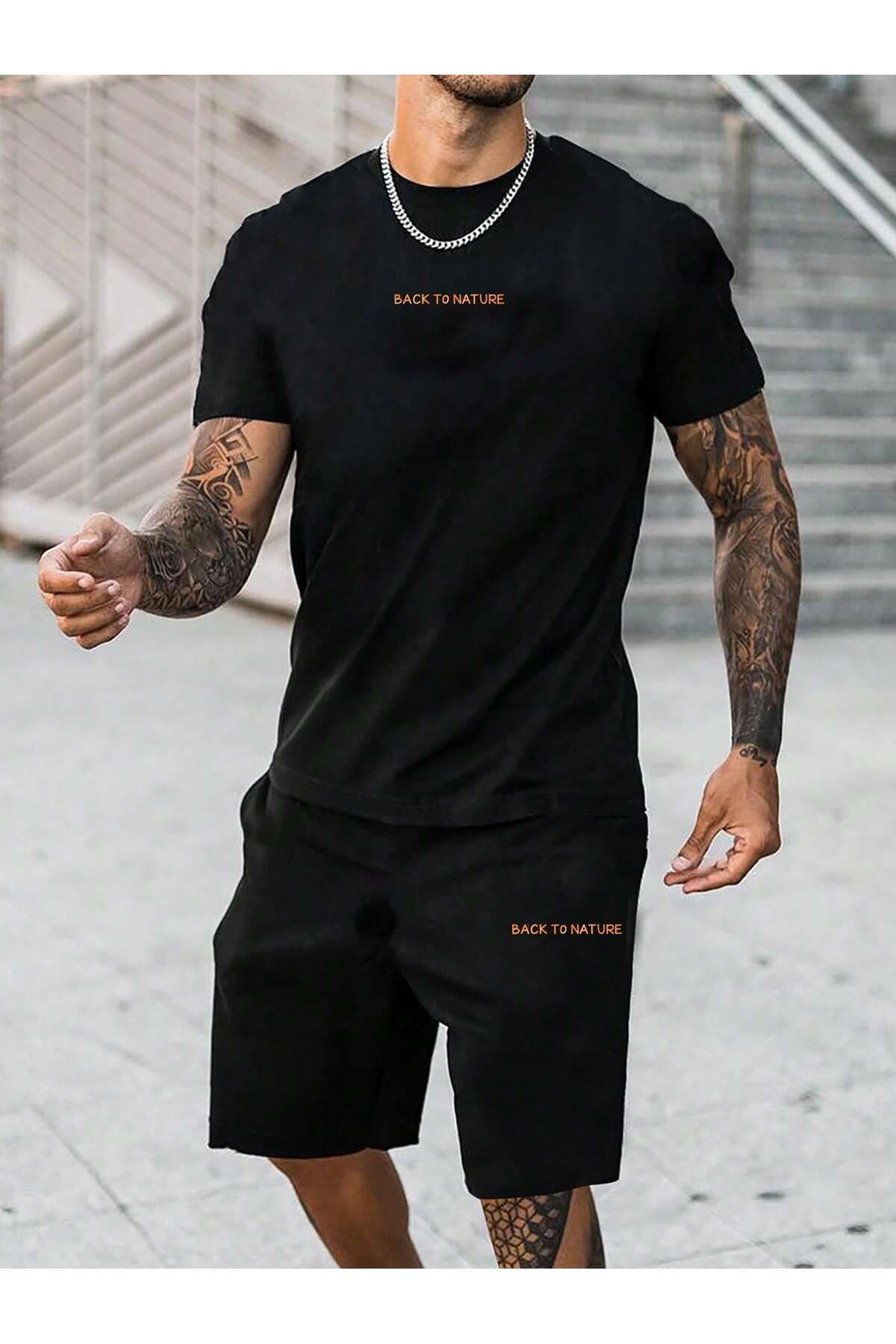 Boi Back To Nature T-Shirt Şort - Siyah Şortlu Tişört Alt Üst Takım Baskılı Bisiklet Yaka