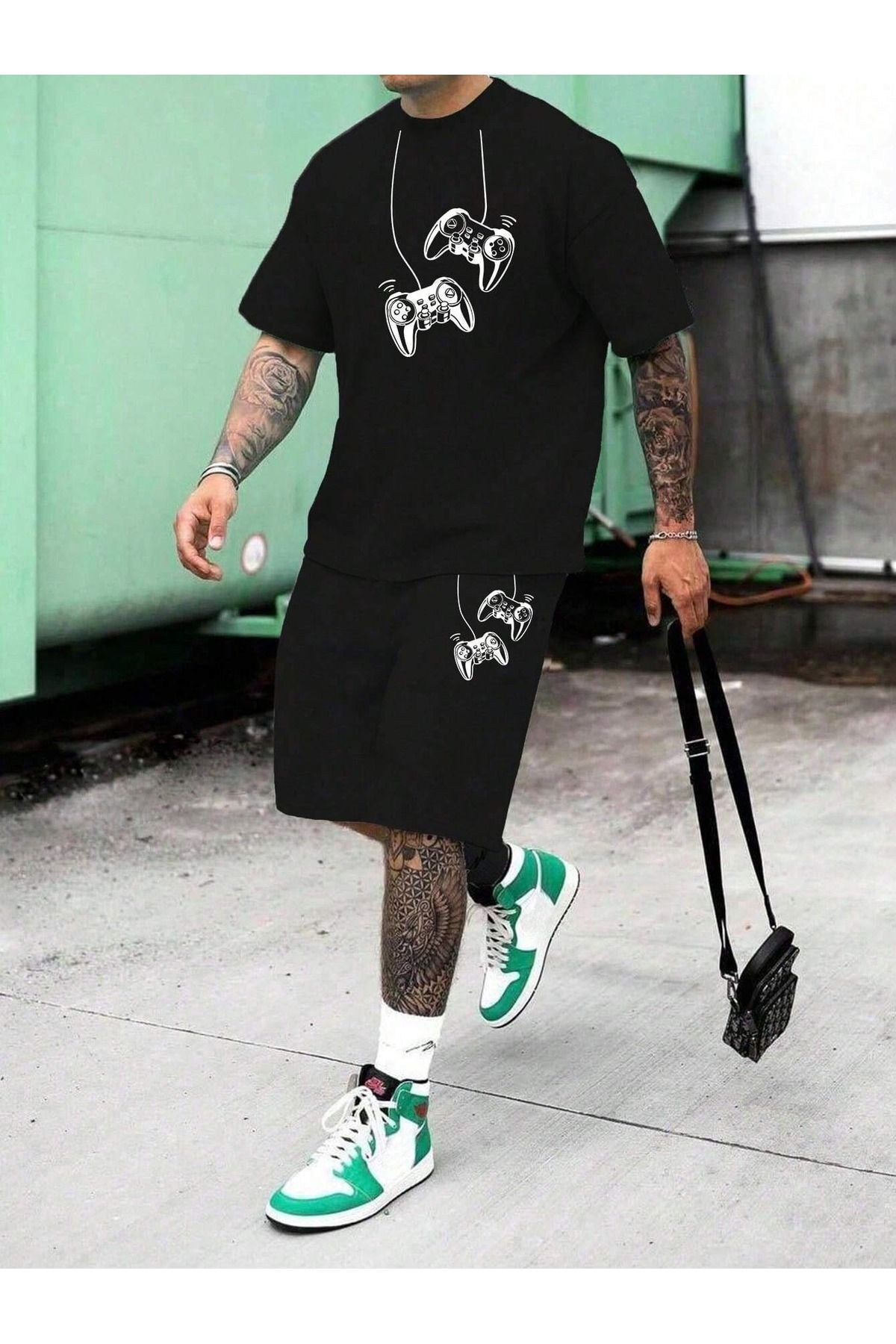 Boi Konsollar T-Shirt Şort - Siyah Şortlu Tişört Alt Üst Takım Baskılı Bisiklet Yaka