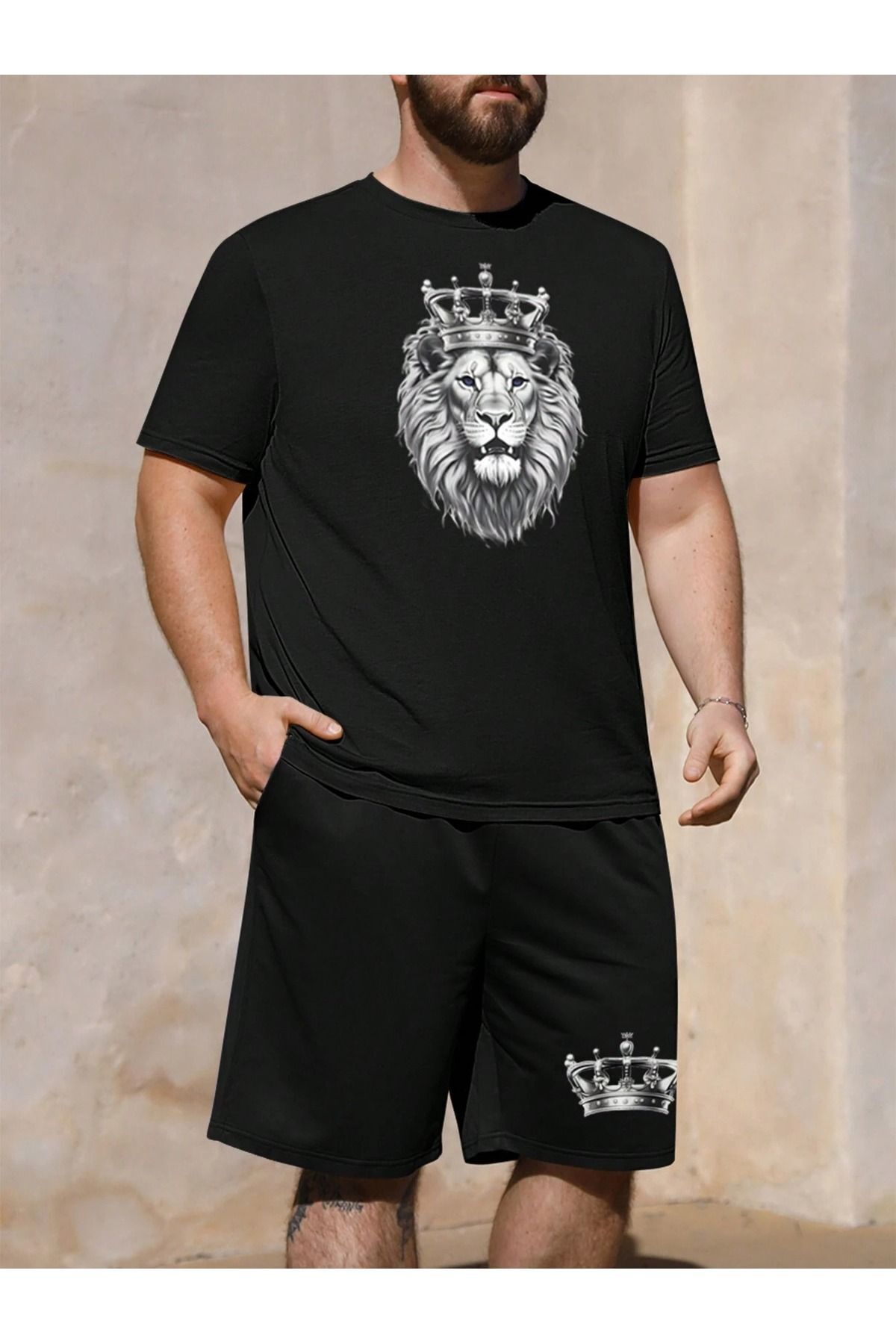 Boi Taçlı Aslan T-Shirt Şort - Siyah Şortlu Tişört Alt Üst Takım Baskılı Bisiklet Yaka