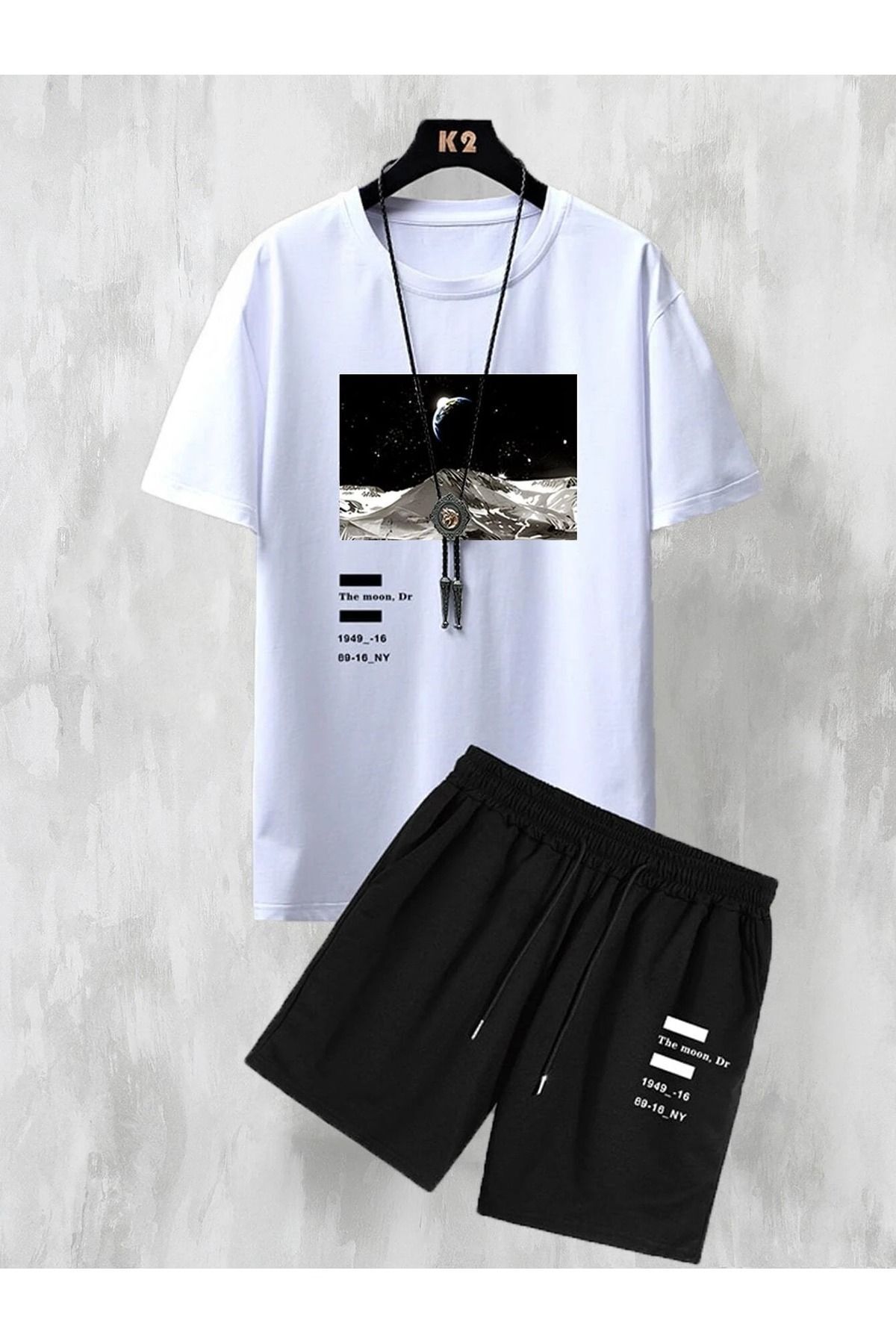 Boi Space Moon T-Shirt Şort Kombin Takım - Beyaz Siyah Baskılı Oversize Bisiklet Yaka