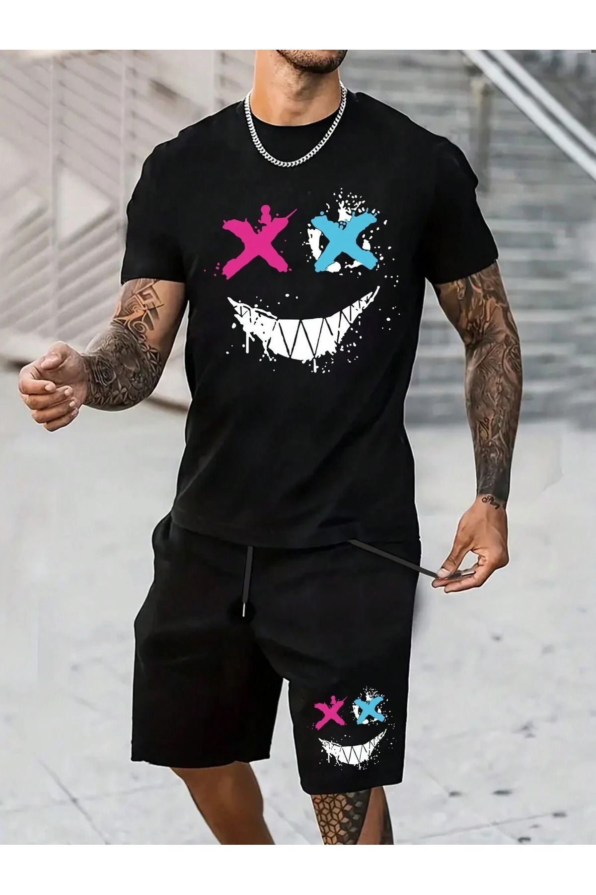 Boi Renkli Yüz T-Shirt Şort - Siyah Şortlu Tişört Alt Üst Takım Baskılı Bisiklet Yaka